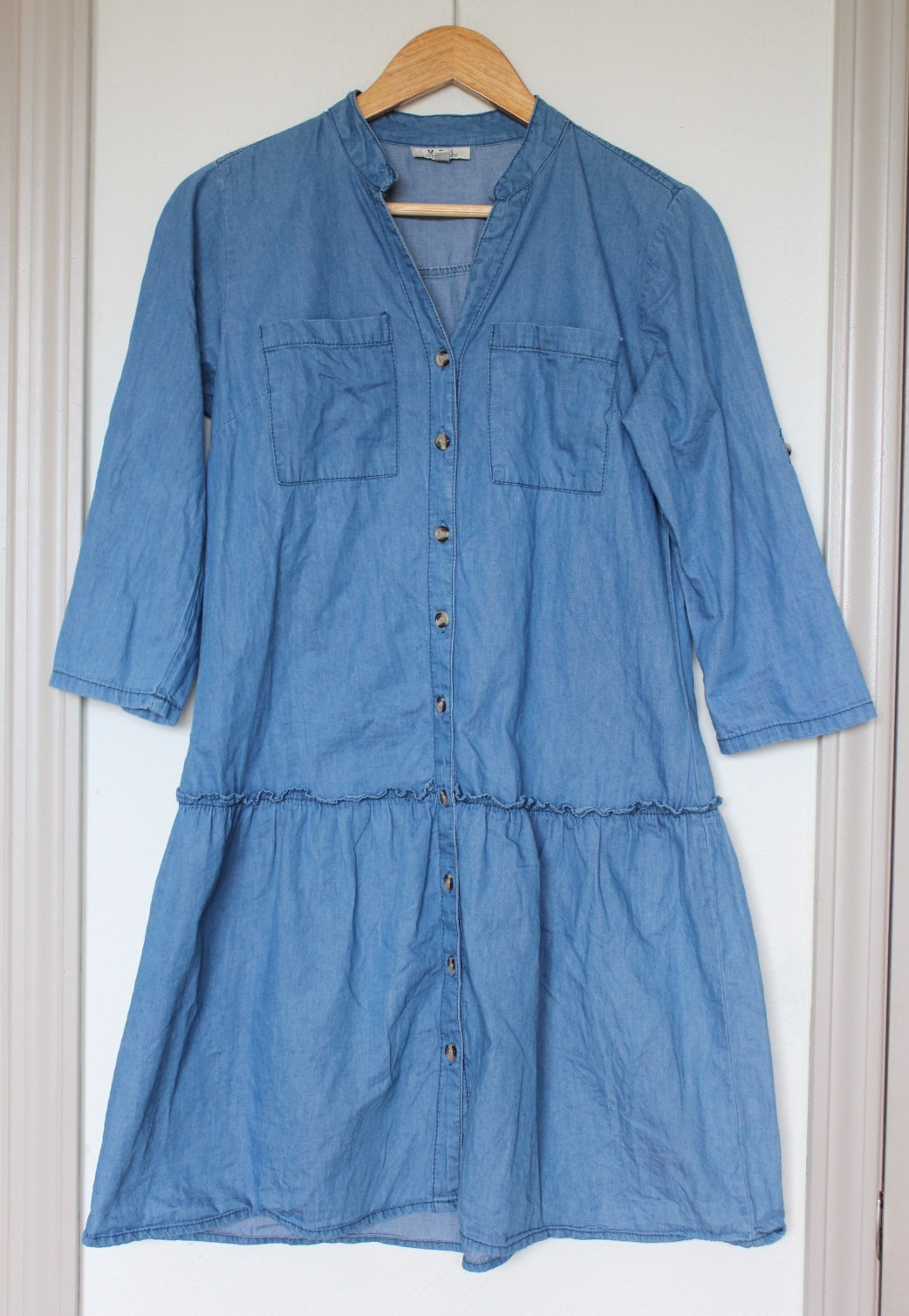 MPH 100% Cotton Blue Chambray Denim Shirt Dress S Small Tiered Ruffle Coastal