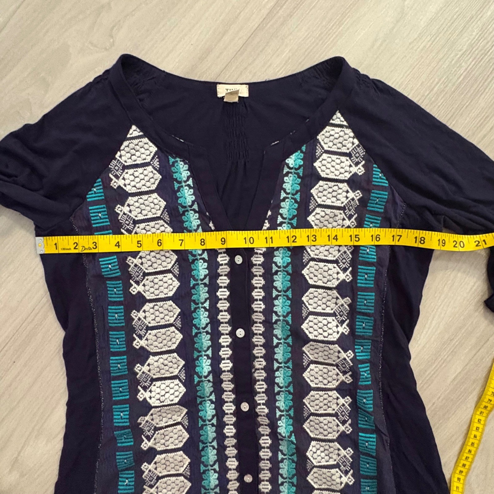 TINY Dress Women Anthropologie Navy Blue Embroidered Boho Shift Short Sleeve L
