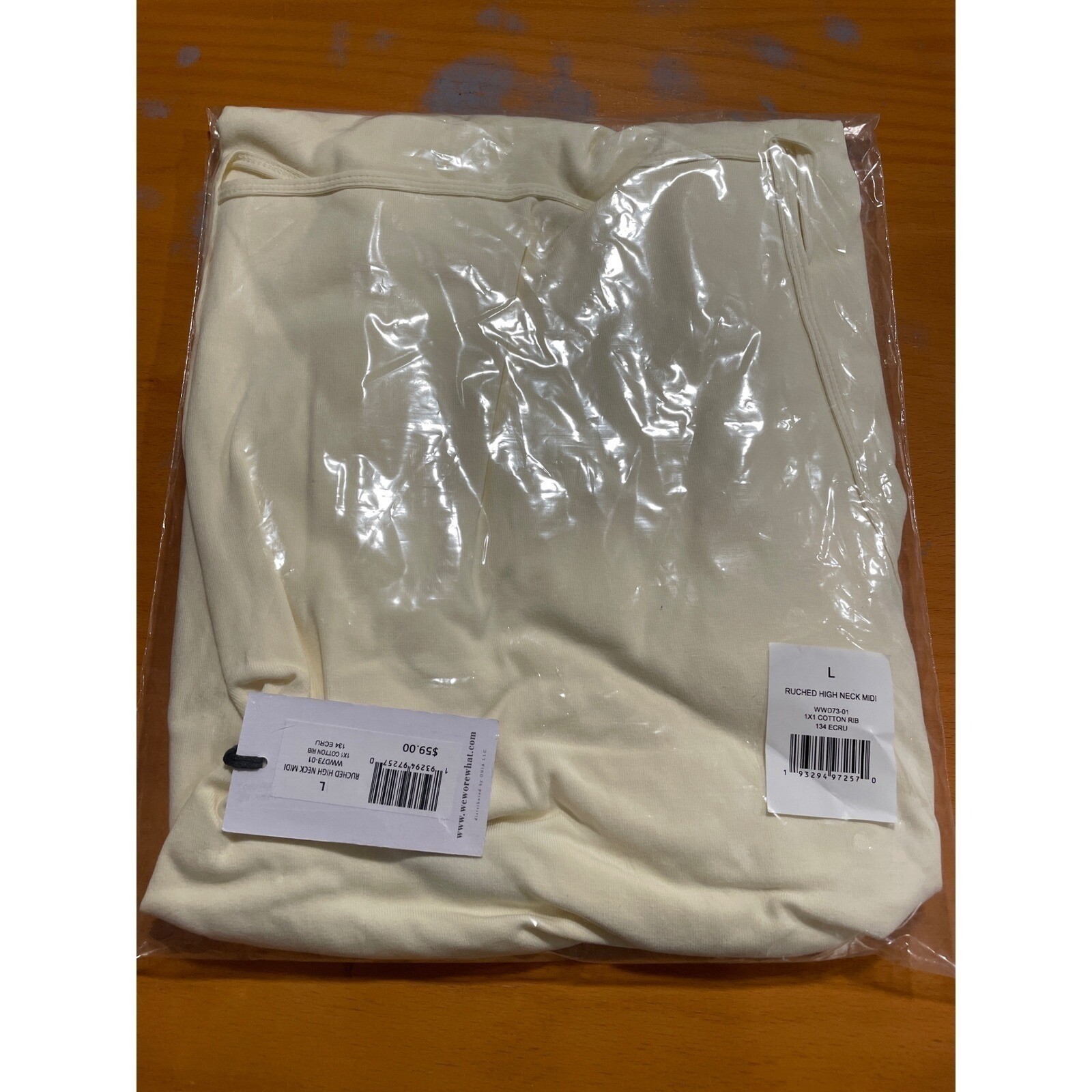 WeWoreWhat Revolve Open Back Ruched High Neck Bodycon Midi Dress Cream L NEW