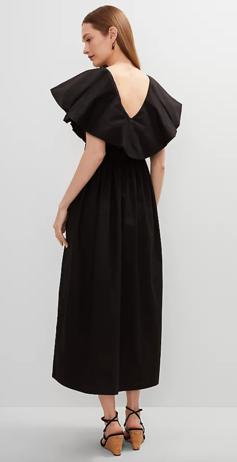 NWT ANN TAYLOR BLACK PETITE RUFFLE COLLAR MAXI FLARE DRESS SZ 12