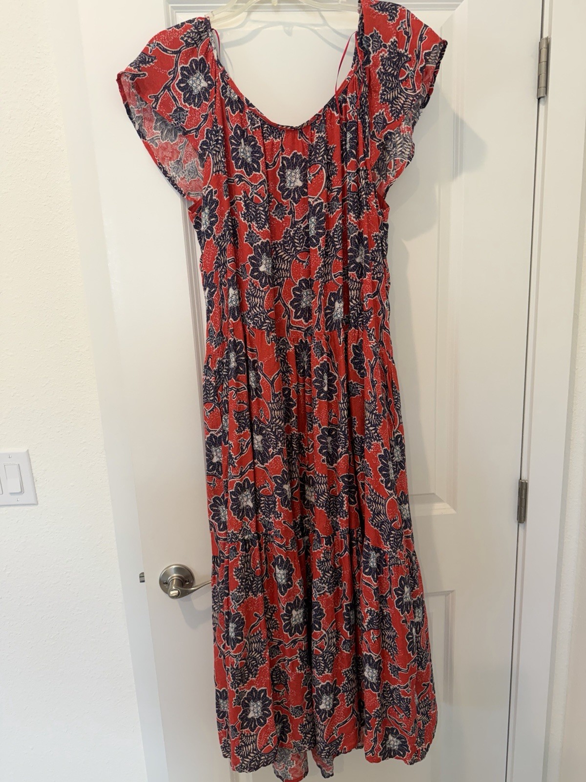 Knox Rose XL Red/Blue/White Floral Lace Wide-Leg Jumpsuit Flutter Sleeve