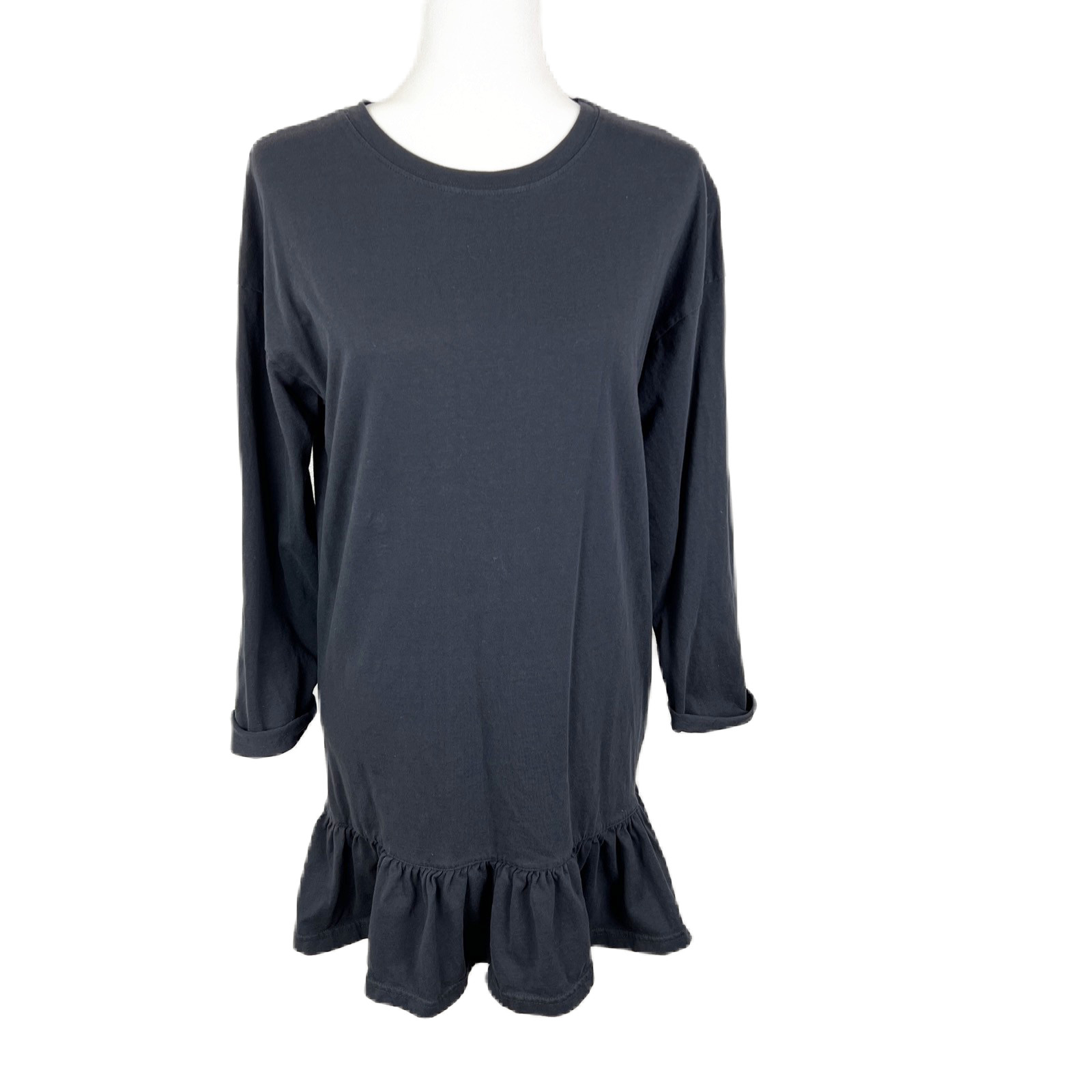 Topshop Dress Women 4 Black Long Sleeve Round Neck Ruffled Hem Mini Casual