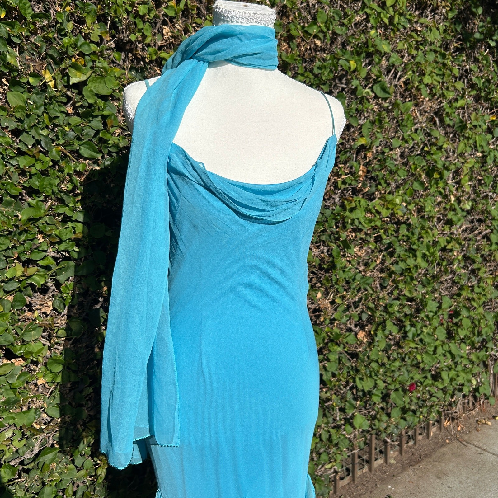VTG Y2K Turquoise Blue Silk Beaded Asymmetrical Hem Dress w/ Matching Scarf S
