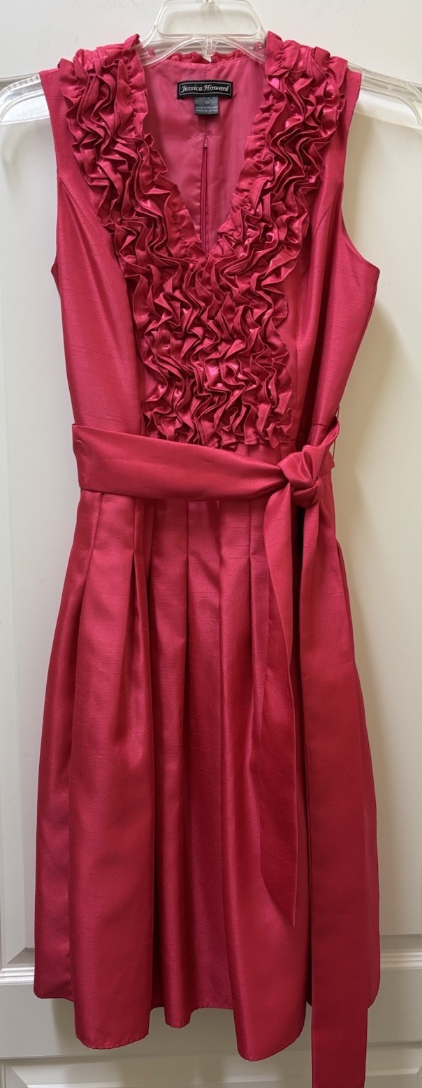 Jessica Howard Red Ruffle V-Neck Pleated Belted Full Skirt Classic Size 10 EUC