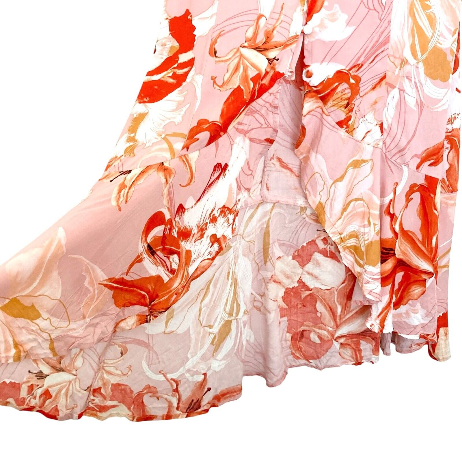 ABEL THE LABEL Lola Flower Bomb Midi Dress Sz M Flounced Hi Low Cutout Back Pink