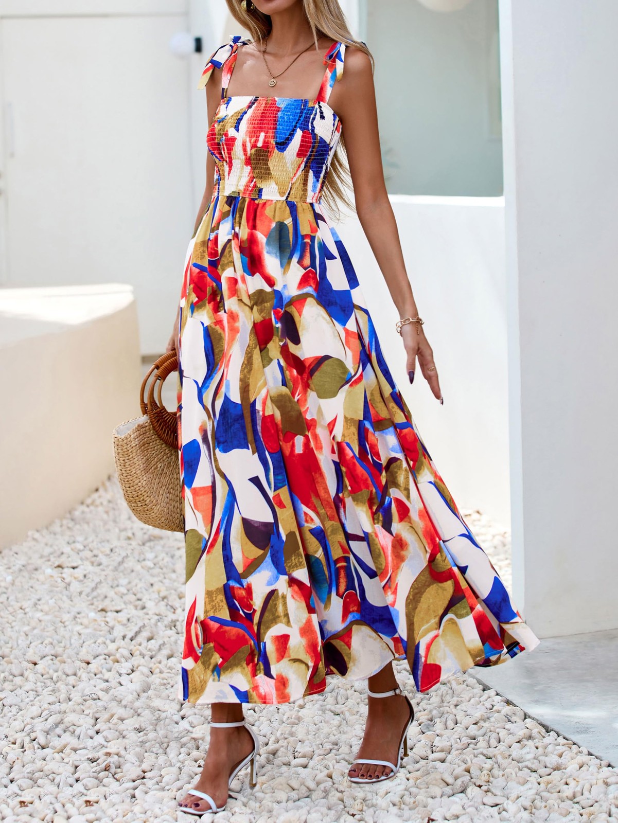 PRETTYGARDEN Womens Summer Dresses Floral Sleeveless Smocked Maxi Dress Boho