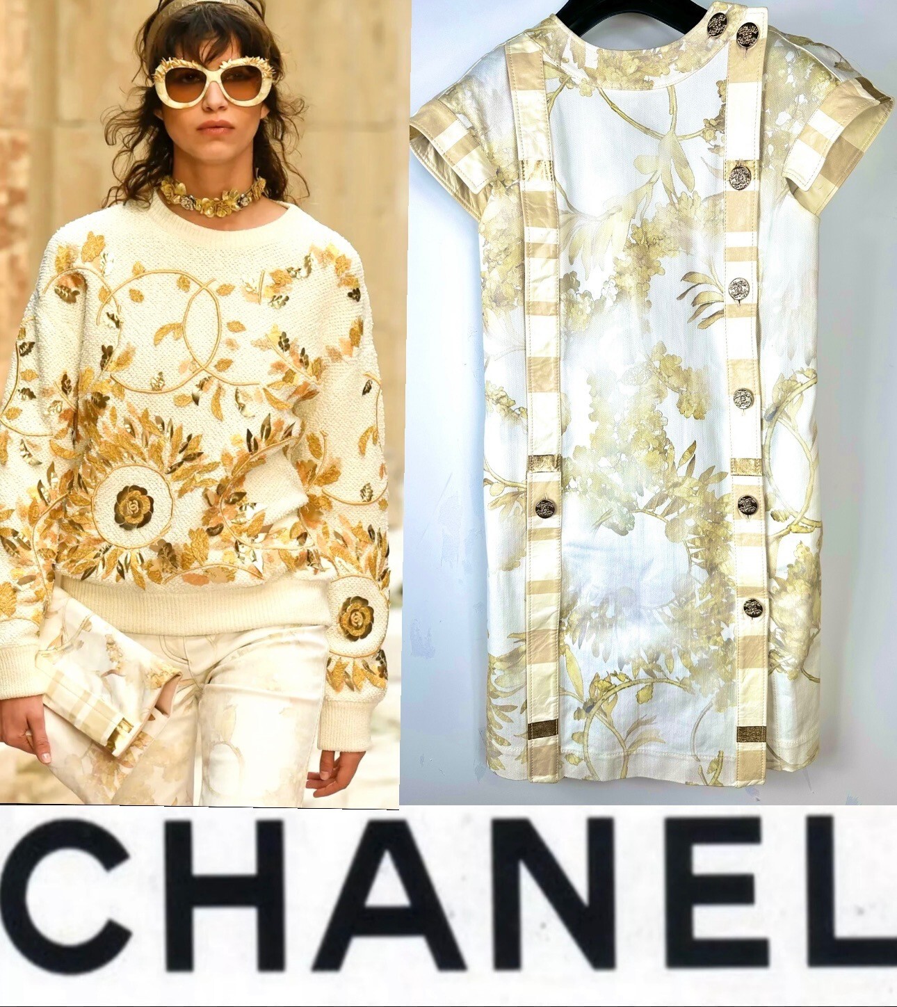 New Chanel 2018 Greece White Denim Gold Leather Mini Dress 34 36 2 4 Logo 18c S