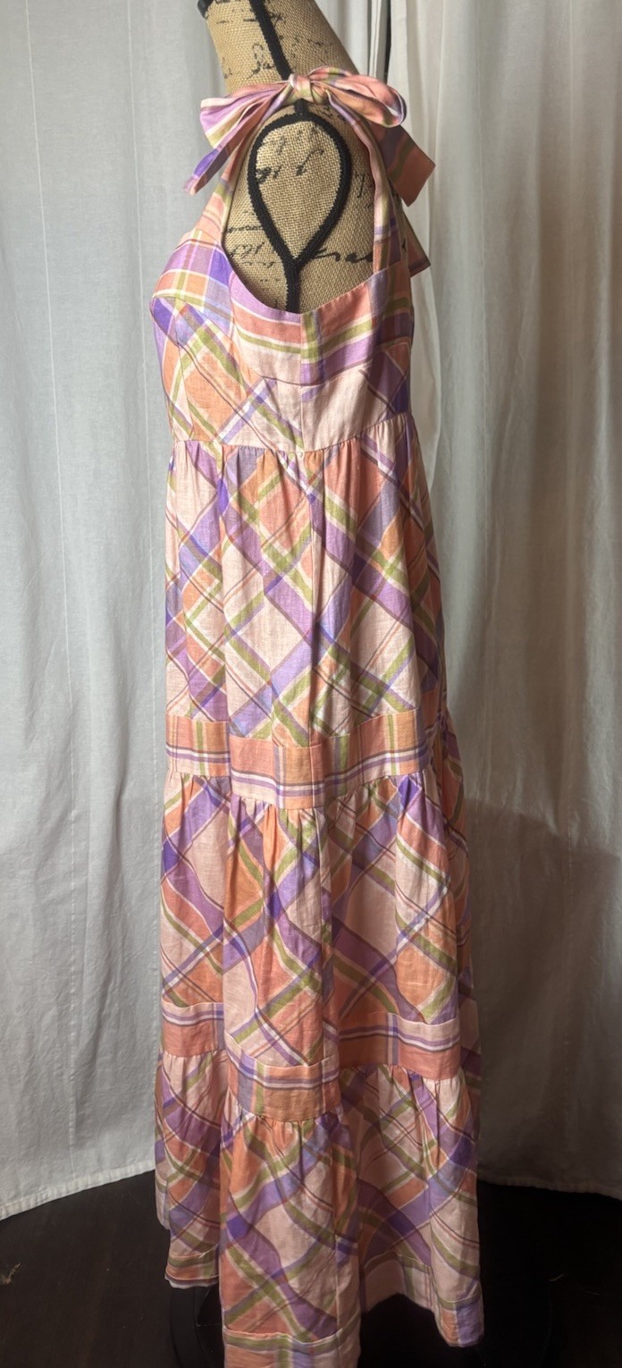 Anthropologie Kachel Tie Strap Linen Maxi Dress Pink Peach Purple Plaid Sz M