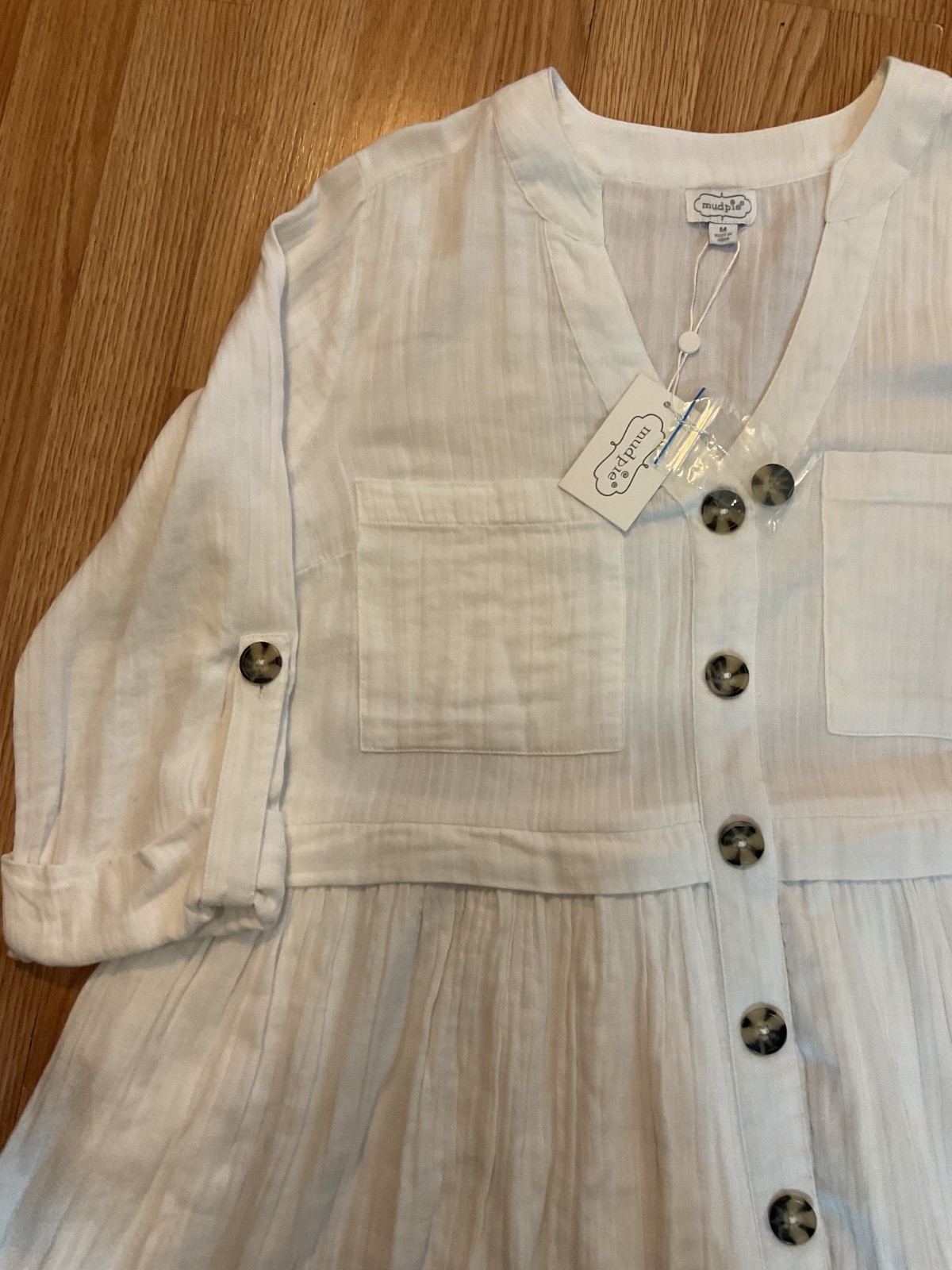 NWT-MUD PIE ADDISON BUTTON-UP DRESS WHITE sz.M Swing Hem V-Neck Lightweight Cott