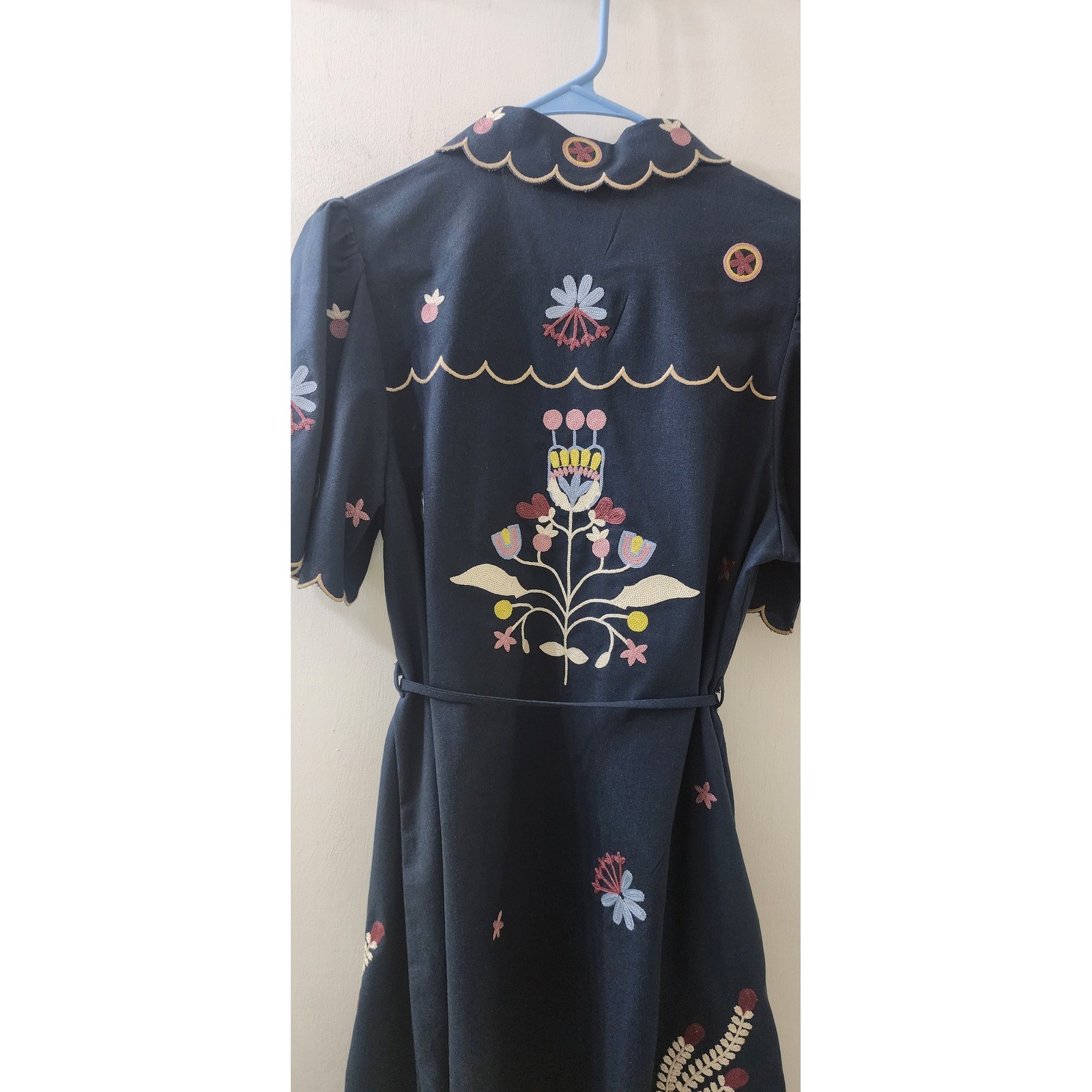 MABLE Navy Blue Embroidered Scalloped Linen Blend Mini Shirt Dress MD4896A M
