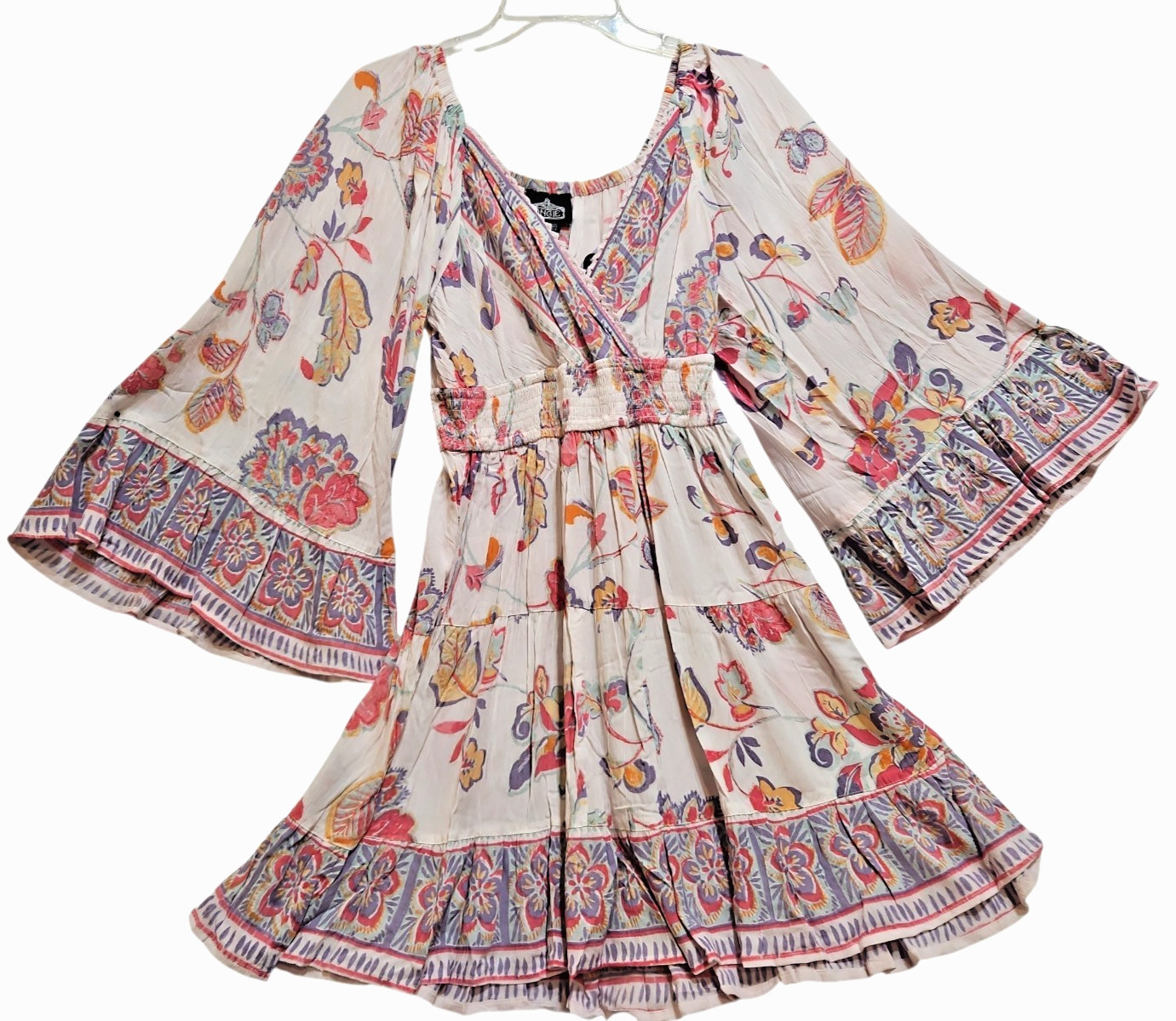 Angie Womens Dress L White Floral V Neck Bell Sleeve Boho Gypsy Smock Waist New