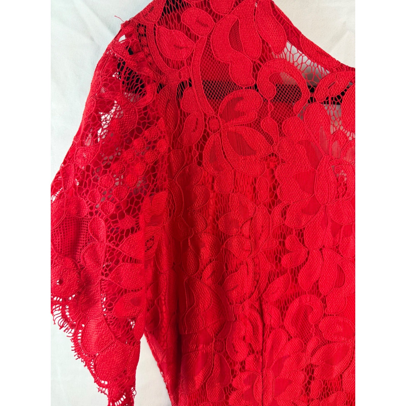 Red Floral Lace Short Sleeve V-Back Sheath Cocktail Dress Scalloped Hem