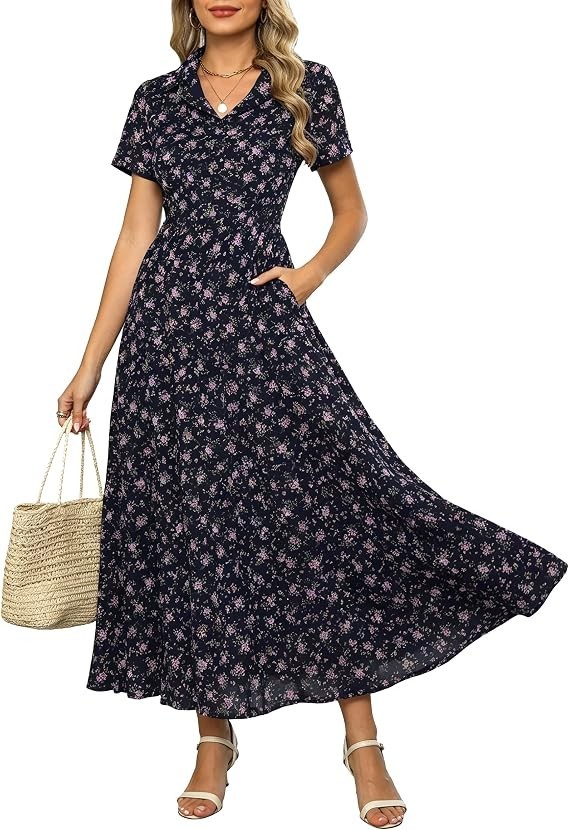 NWT Kranda 2026 Dress XXL Collared V Neck Short Sleeve Tiered Maxi Blue Pink Flo