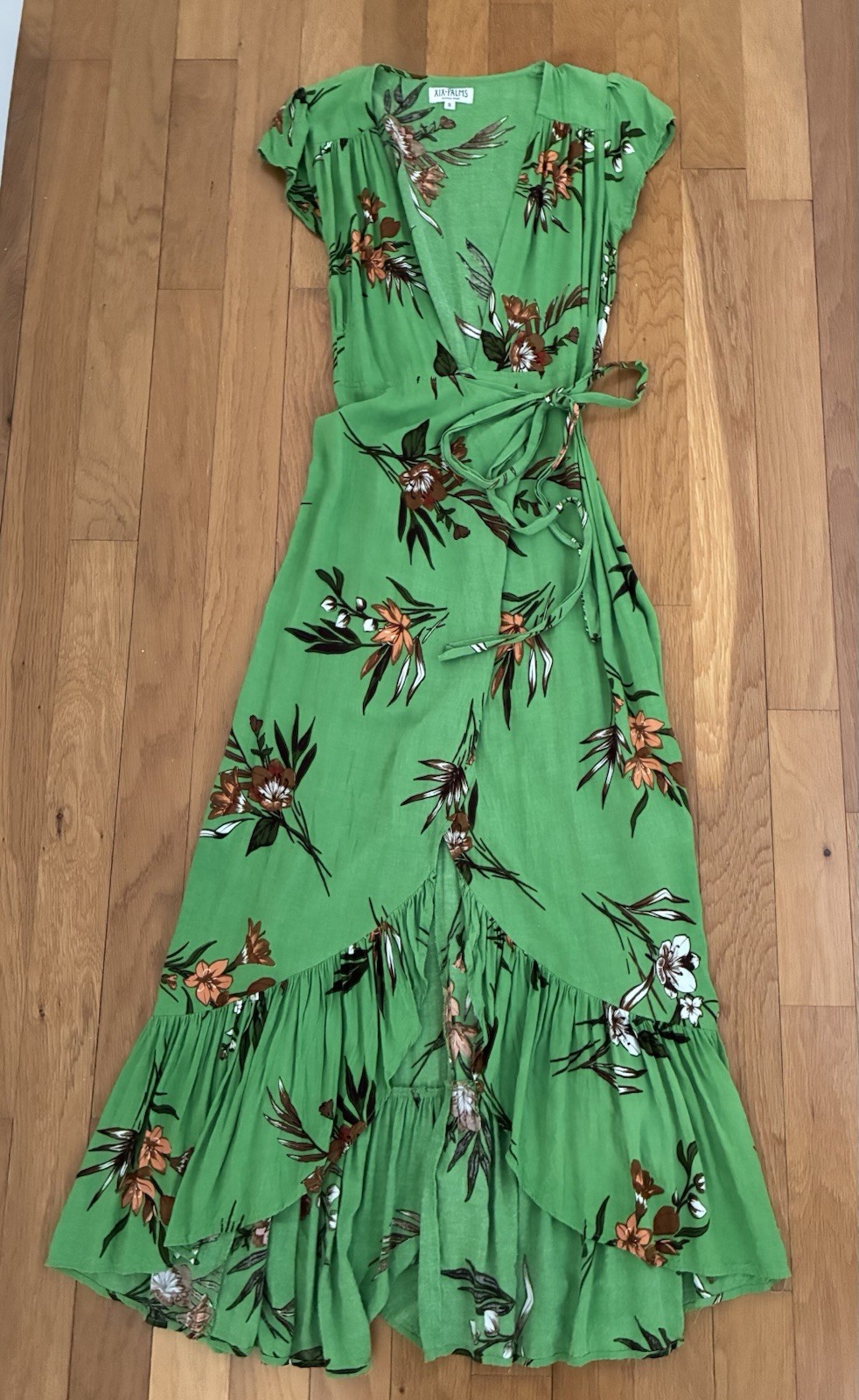 Hawaiian Dress Green W/ Tropical Flower Cap Sleeves Ruffled Hem Sz *S See Photos