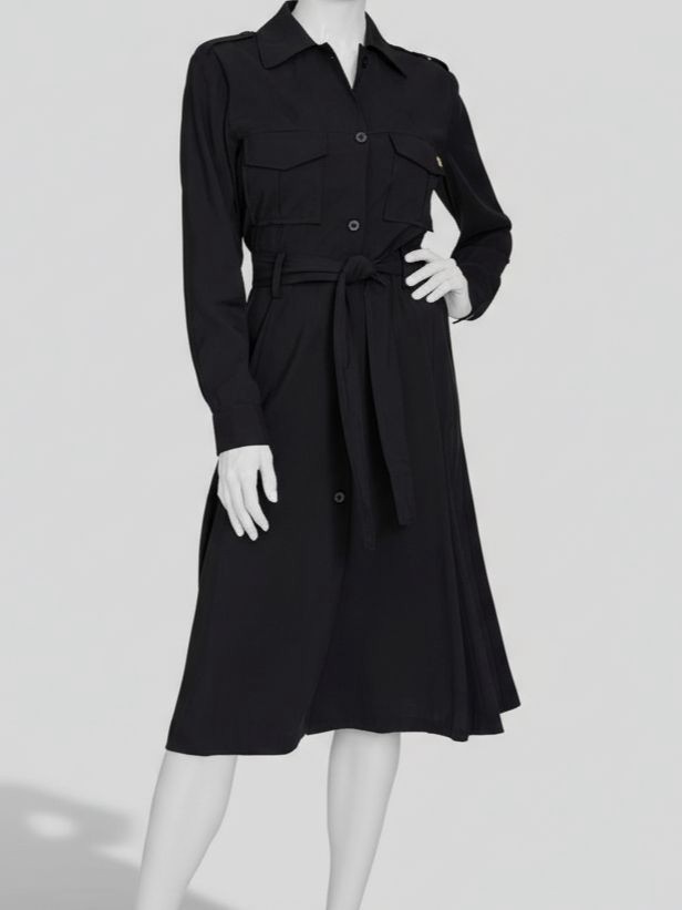 Halston Women’s Black Button-Front Stretch Logo Fit & Flare Trench Dress Size-14