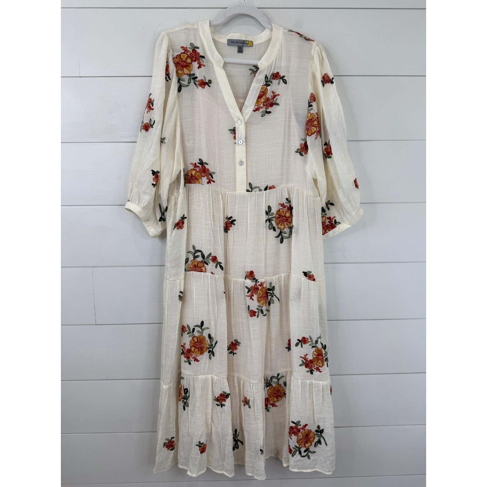 Figueroa & Flower Embroidered Floral Tiered Gauze Midi Dress Boho Cottagecore XL