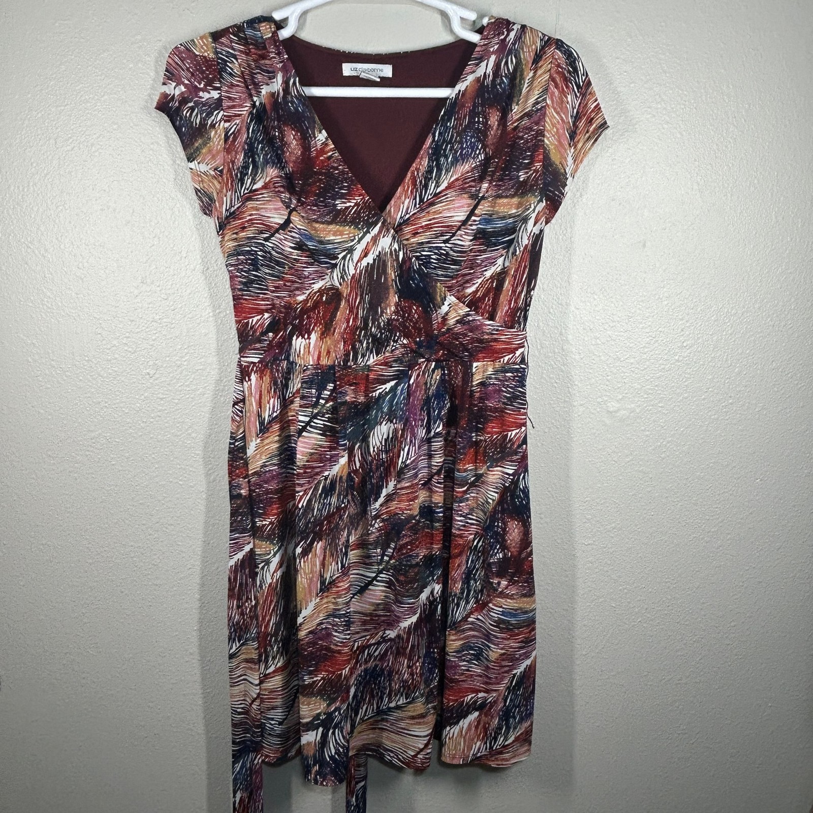 Liz Claiborne Dress Womens M V Neck Wrap Belted Fit Flare Cap Sleeve Print