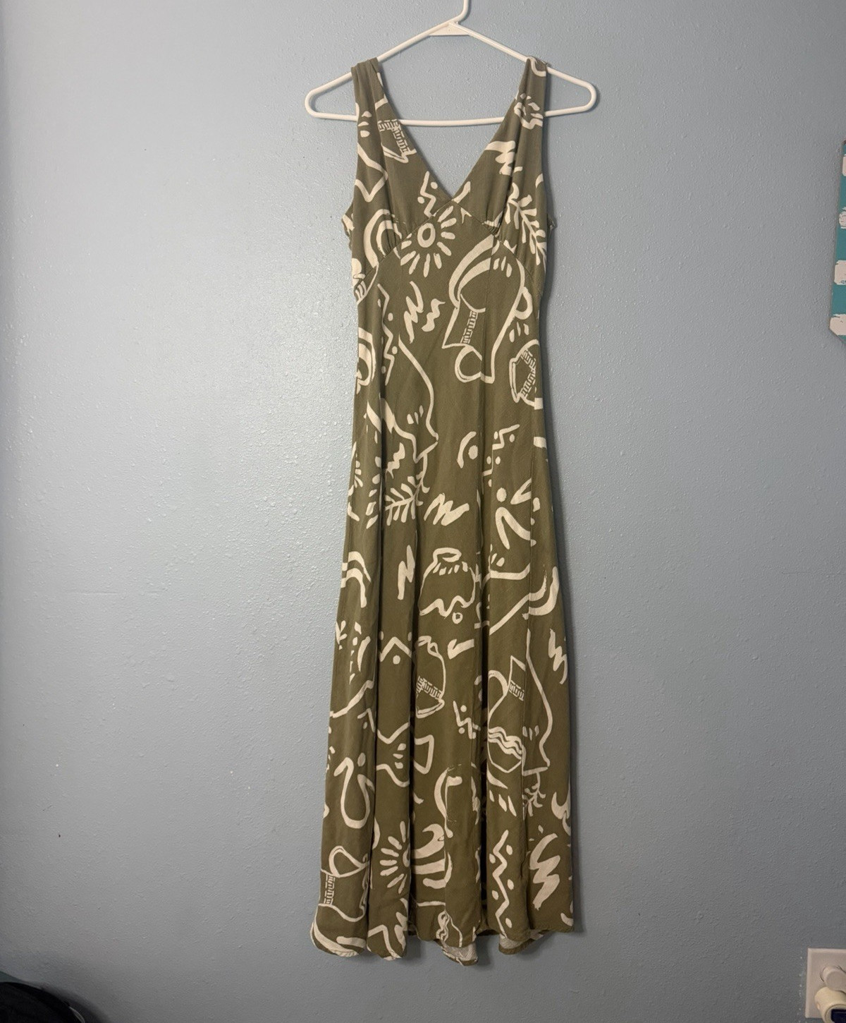 Paper Heart Green White Abstract Maxi Dress V-Neck Sleeveless Linen Blend S