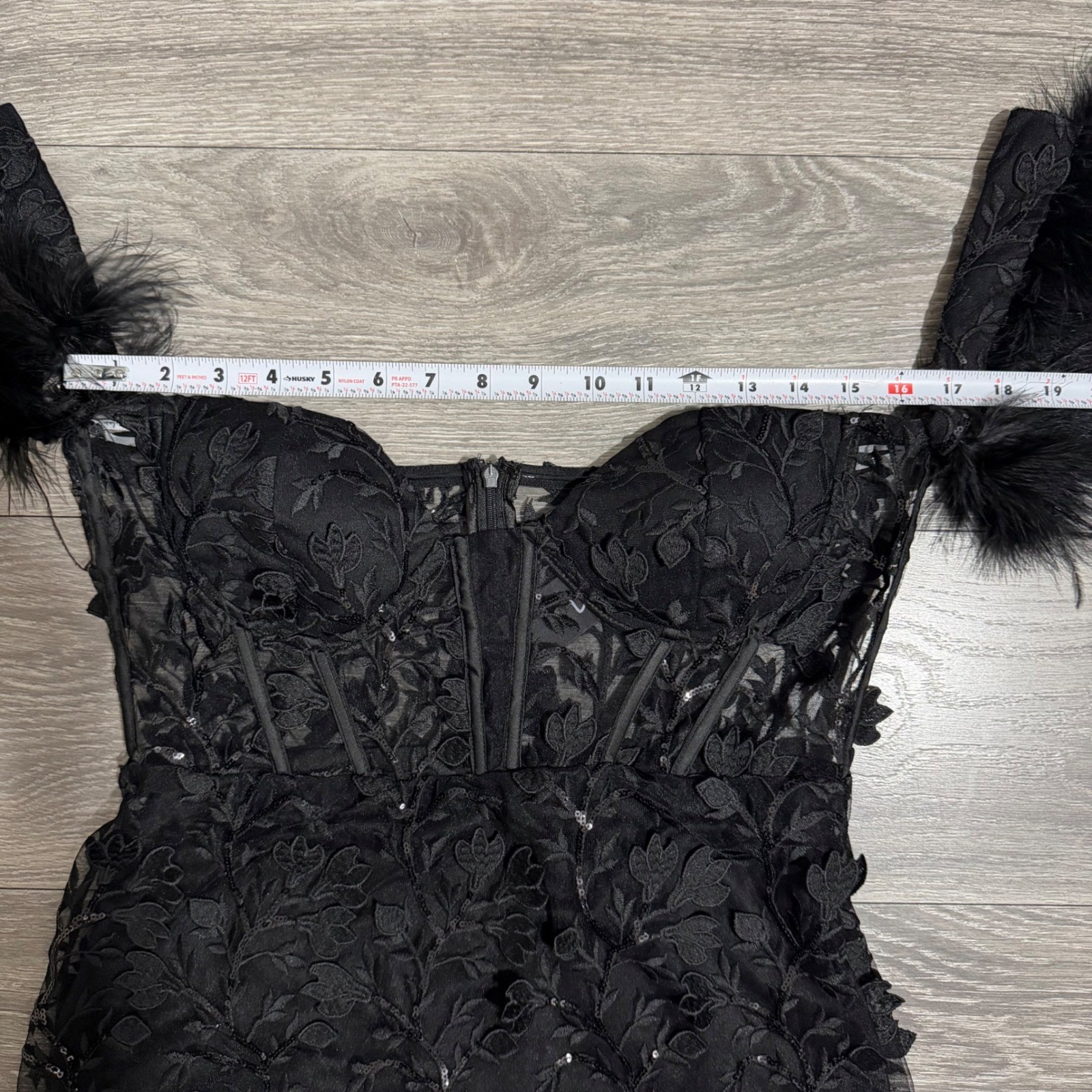 Goth Corset Mini Dress XL Black Sequin Embroidered Feather Off-the-Shoulder Glam