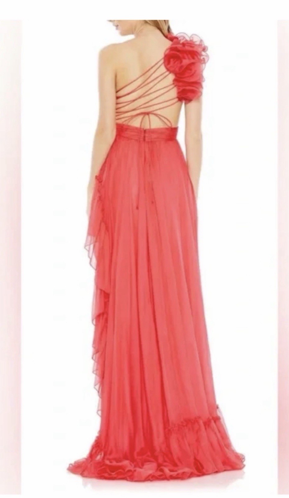 MacDuggal One Shoulder Open Back Red Ruffle Maxi Dress Sz 6