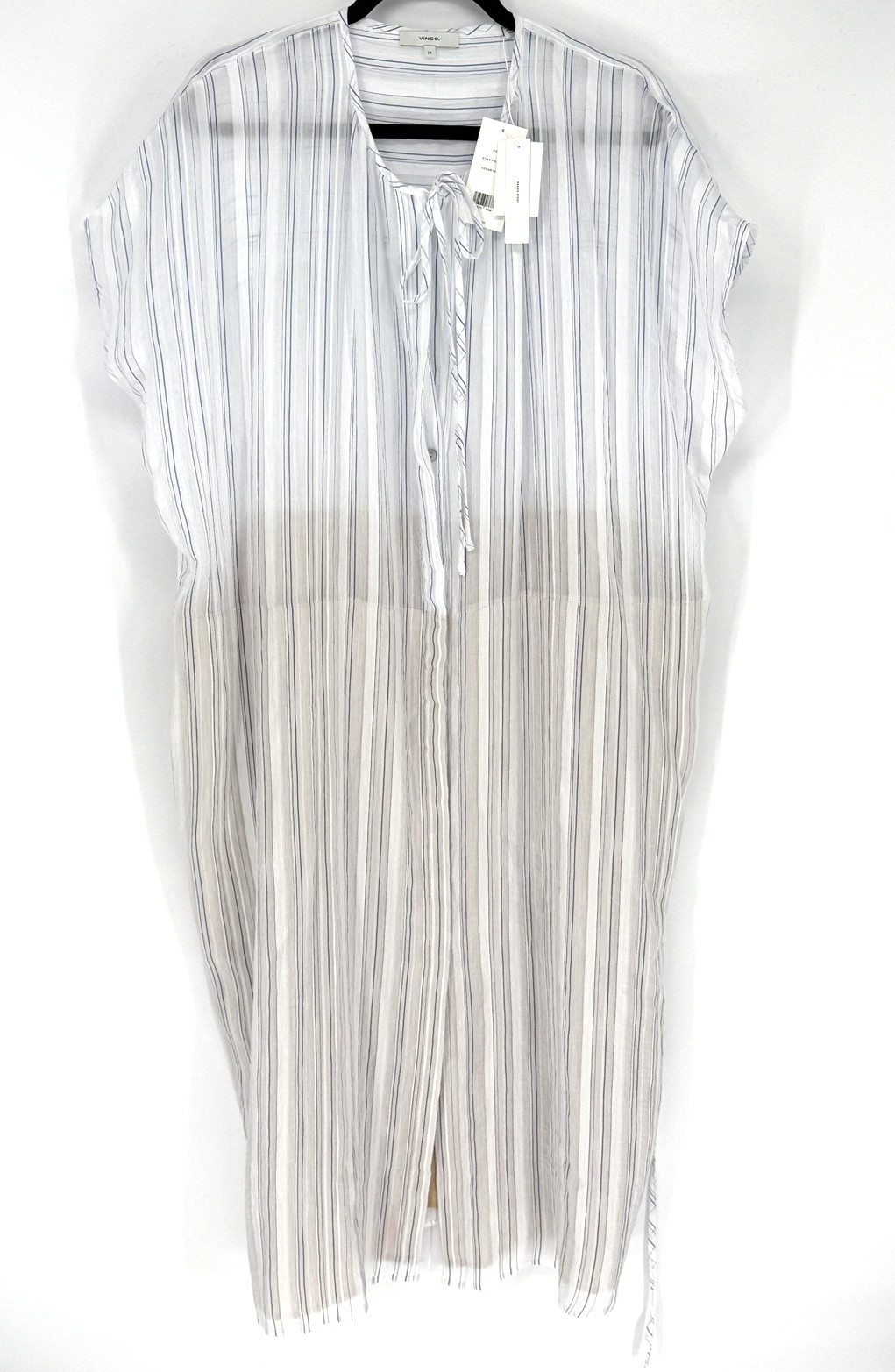 Vince Dress Womens 2X White Blue Striped Tie Waist Sheer Midi Lined Pockets