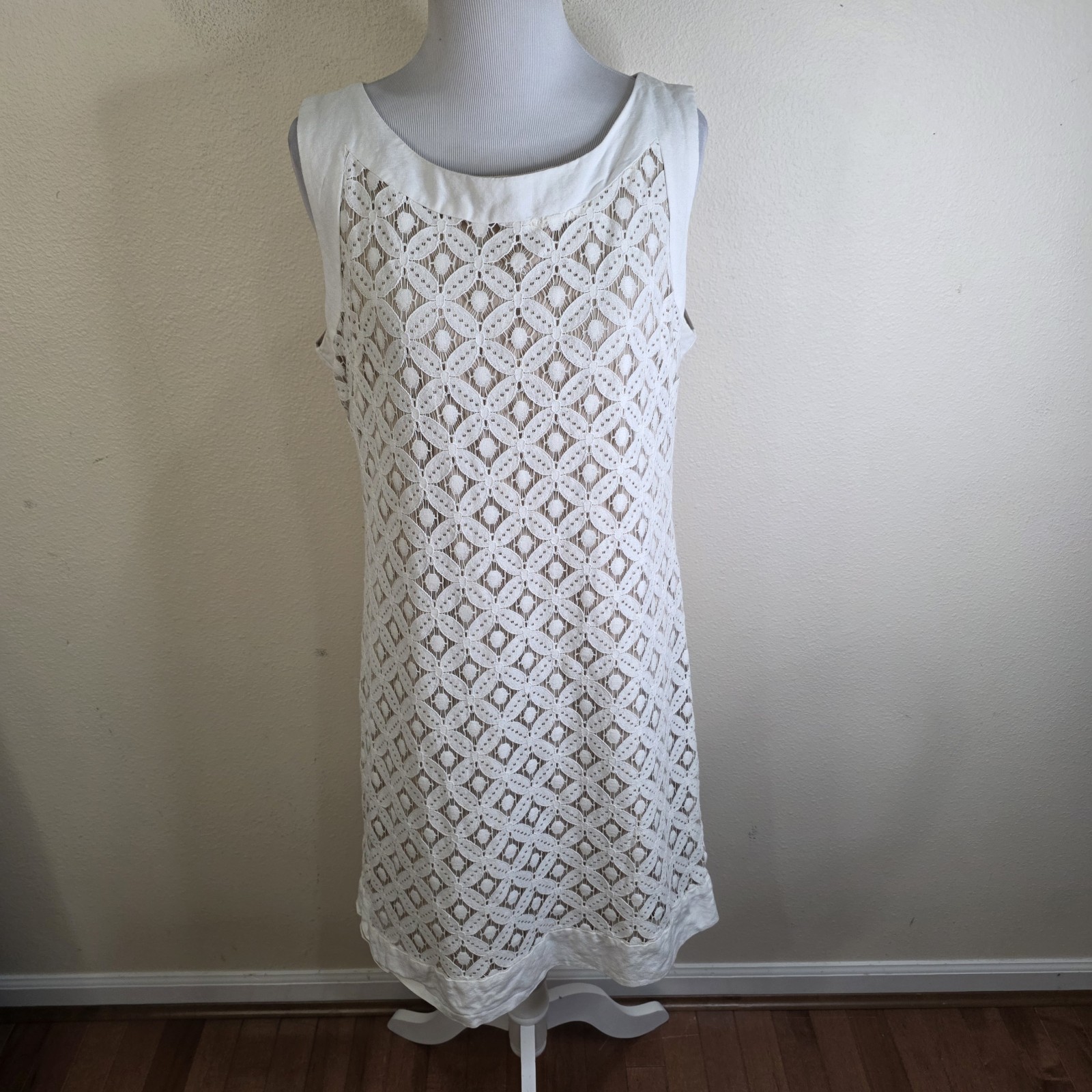 Sharagano Ivory Ramie Blend Mod Lace Shift Dress Size 12 Sleeveless