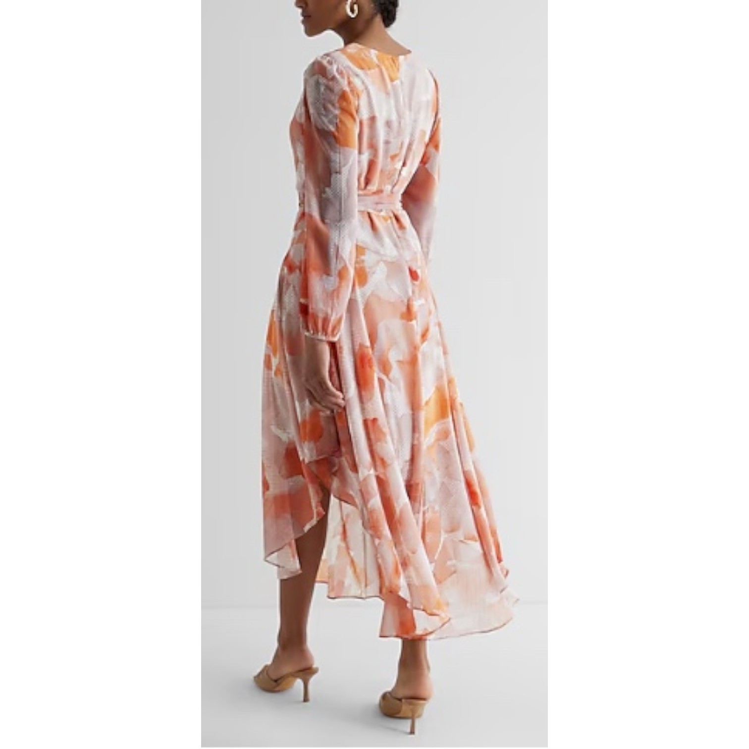 EXPRESS Printed Button Front Tie Waist Midi Dress NWT Size M Peach Floral Print