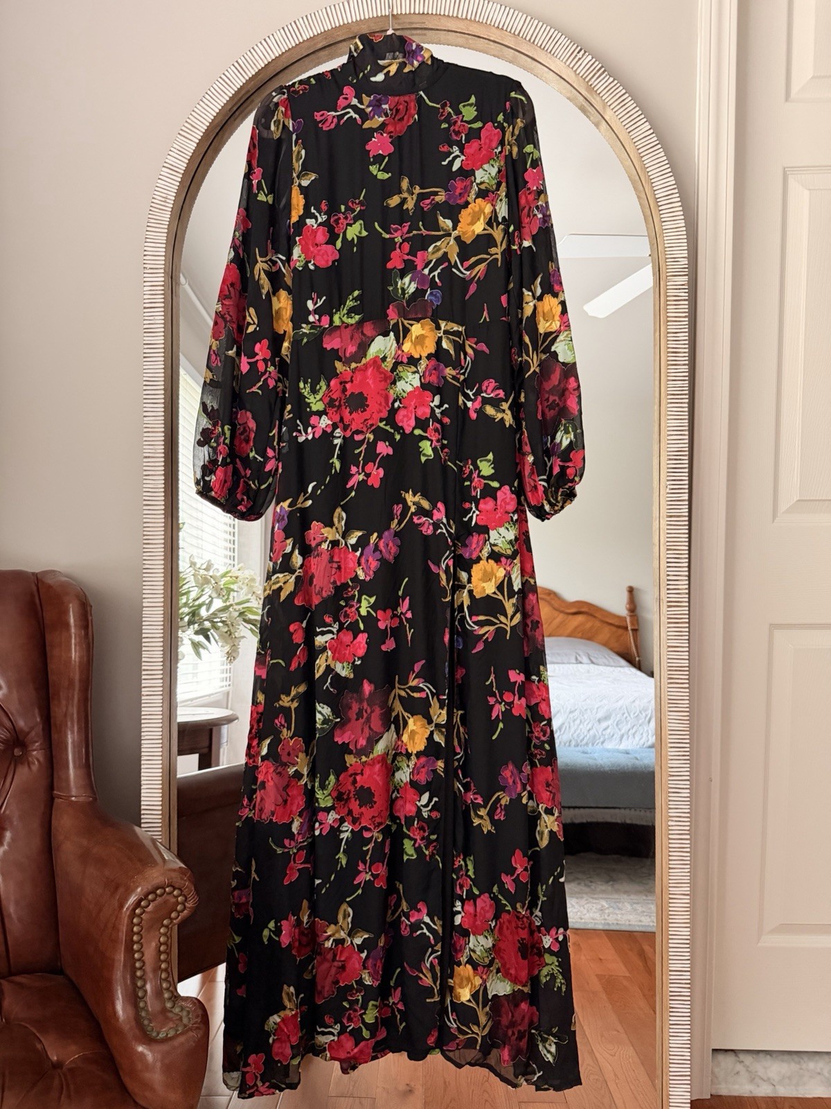 Lulus Floral Backless Maxi Dress L Mock Neck Long Sleeve Wedding Guest Formal