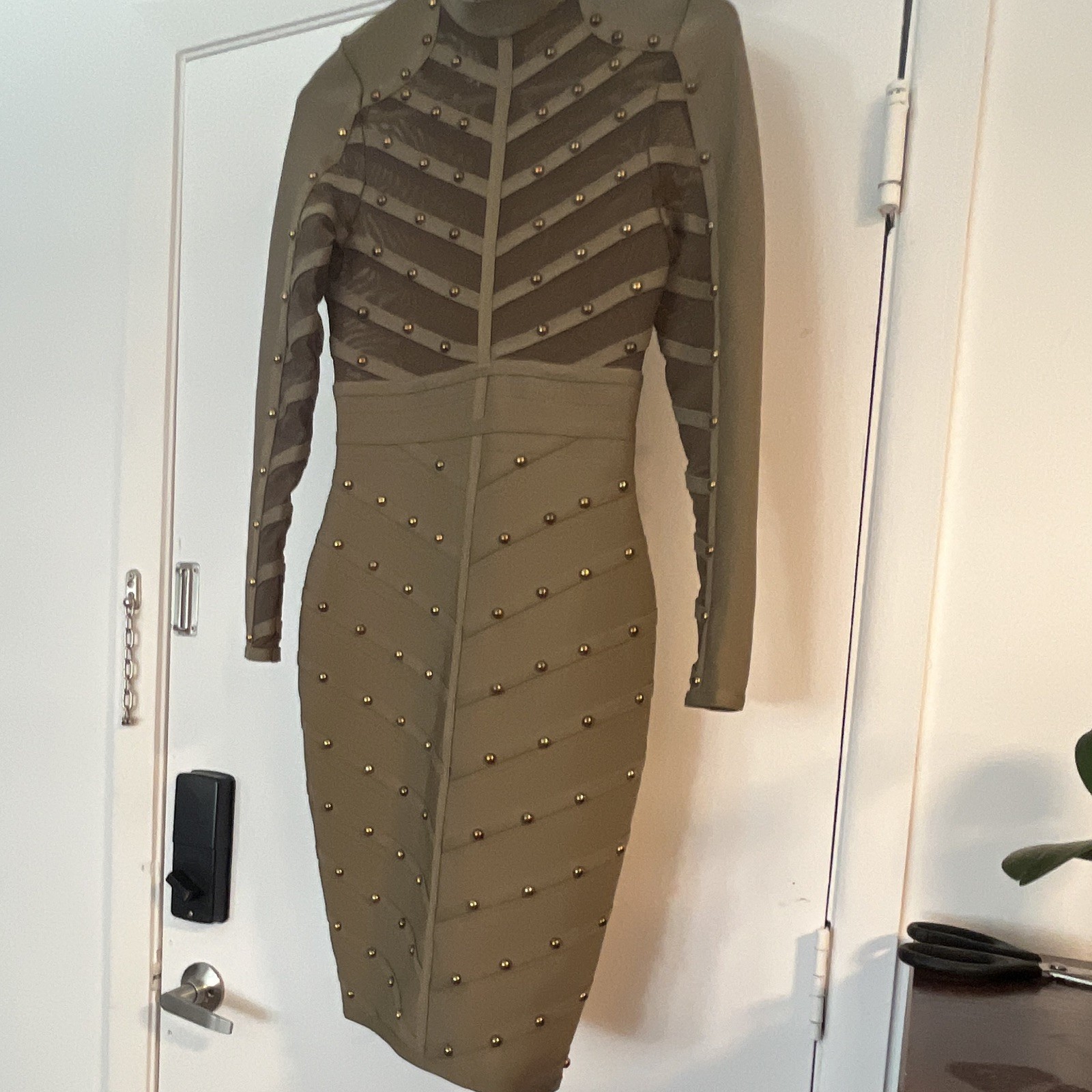 Women’s Green Studded Mesh Sheer Bodycon Knee Dress High Neck Long Sleeve M