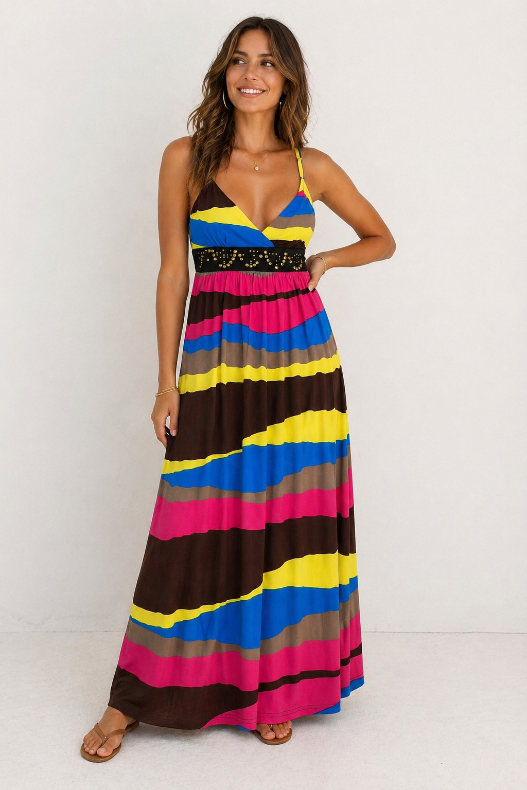 Y2K Second Skin NYC XL Maxi Dress Colorblock Abstract Empire Waist Studded Boho
