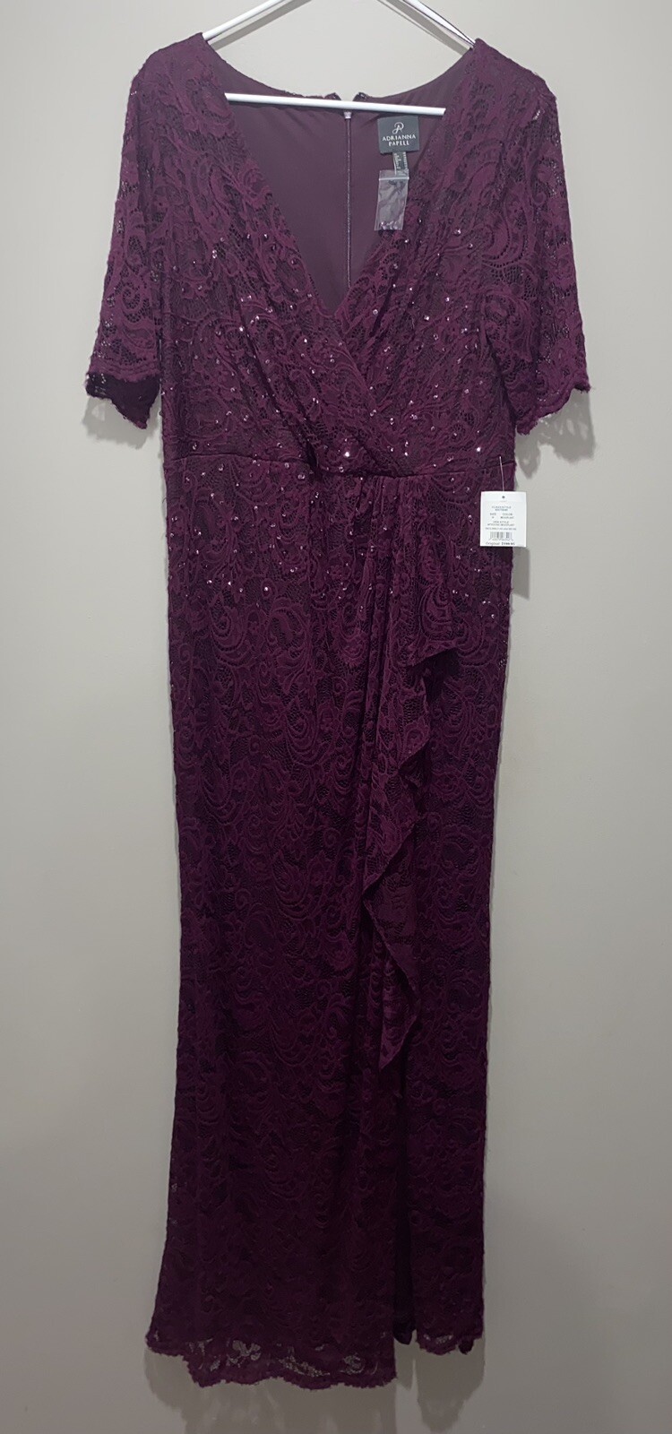 NWT Adrianna Papell Floor Length Lace Dress w/ Draped Skirt, Eggplant, sz 14