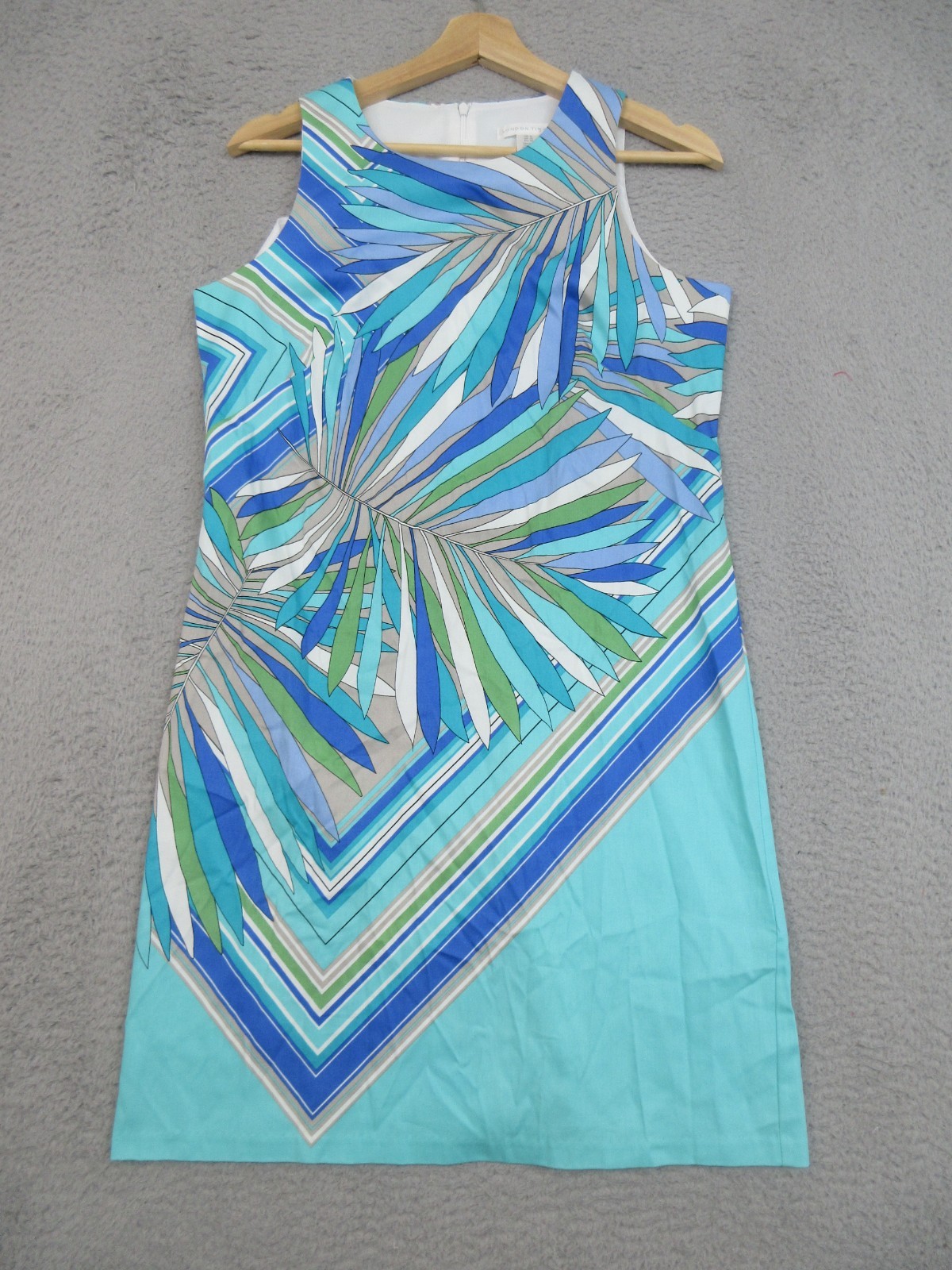 London Times Dress Women 6 Blue Green Palm Print Shift Tropicalcore Beachy Vacay