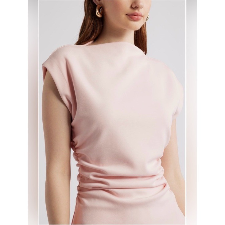 Nordstrom Blush Pink Ruched Mock Neck Midi Dress Asymmetrical XL