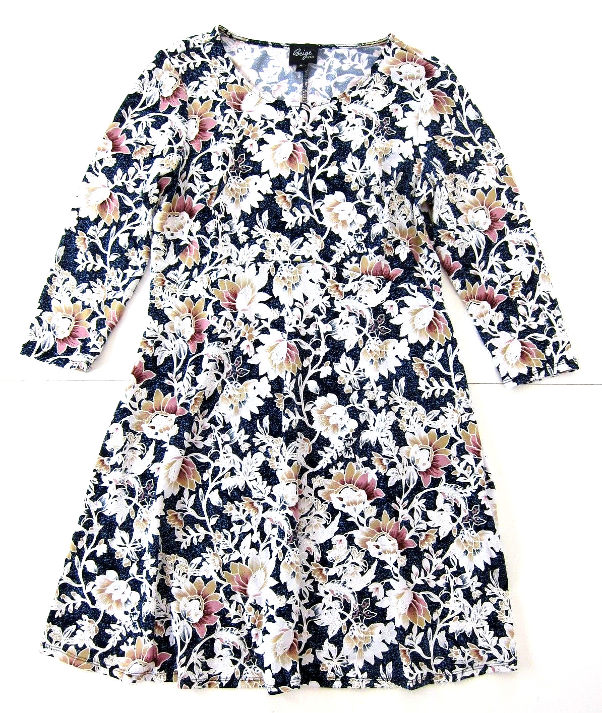 Beige By Eci Blue White Pink Floral Stretch Long Sleeve Tunic Smock Dress XL