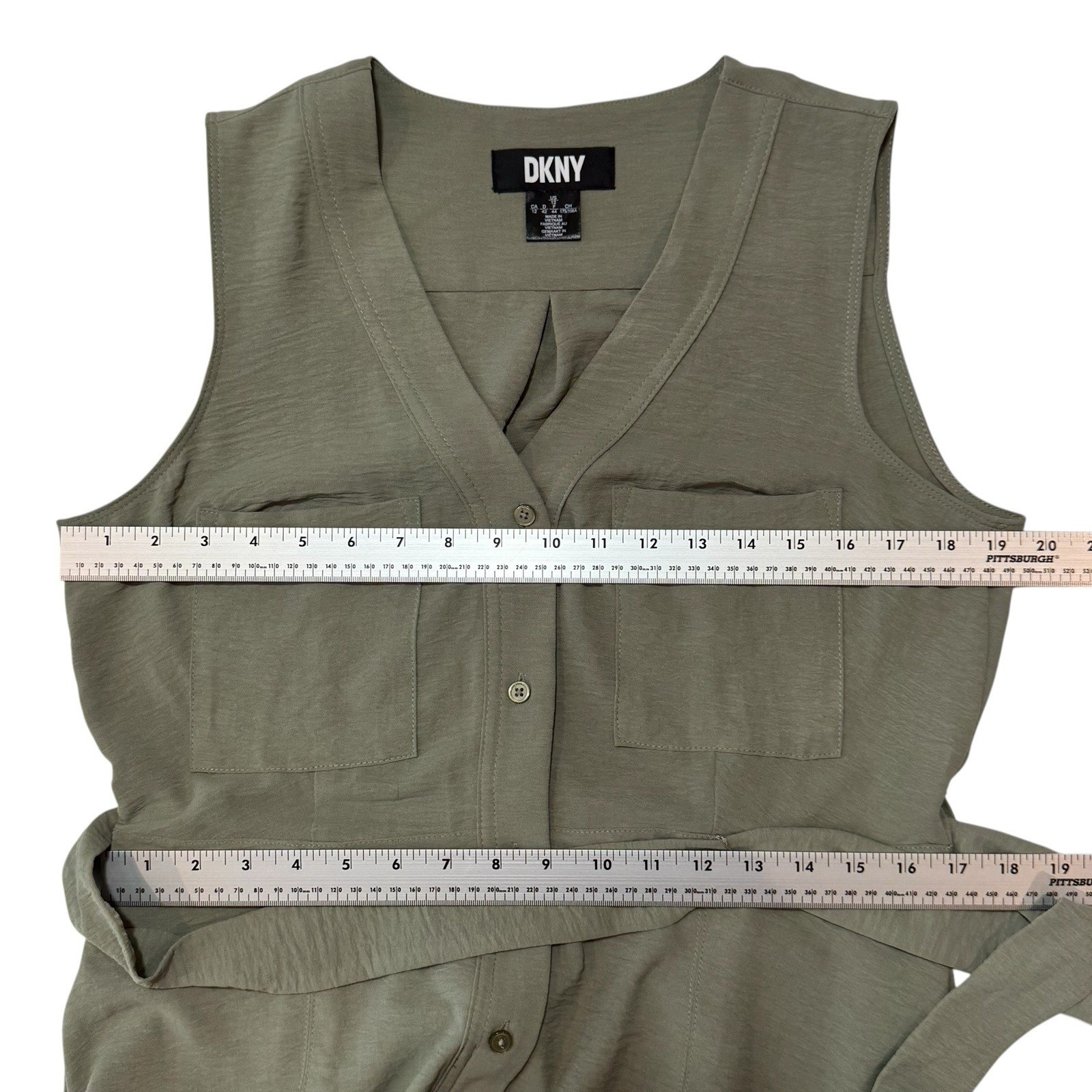 DKNY Sleeveless Button Front Belted Dress Pockets Olive Green Women’s 12 Utility