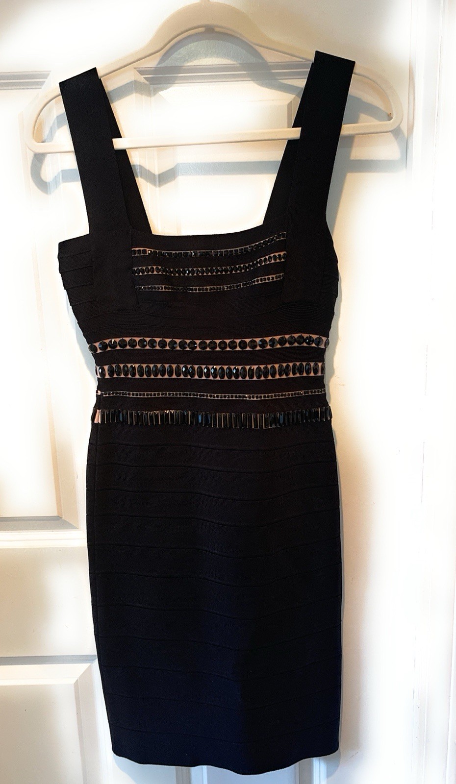 Herve Leger Black Crystal Bandage Dress Sleeveless Bodycon Knee Length S