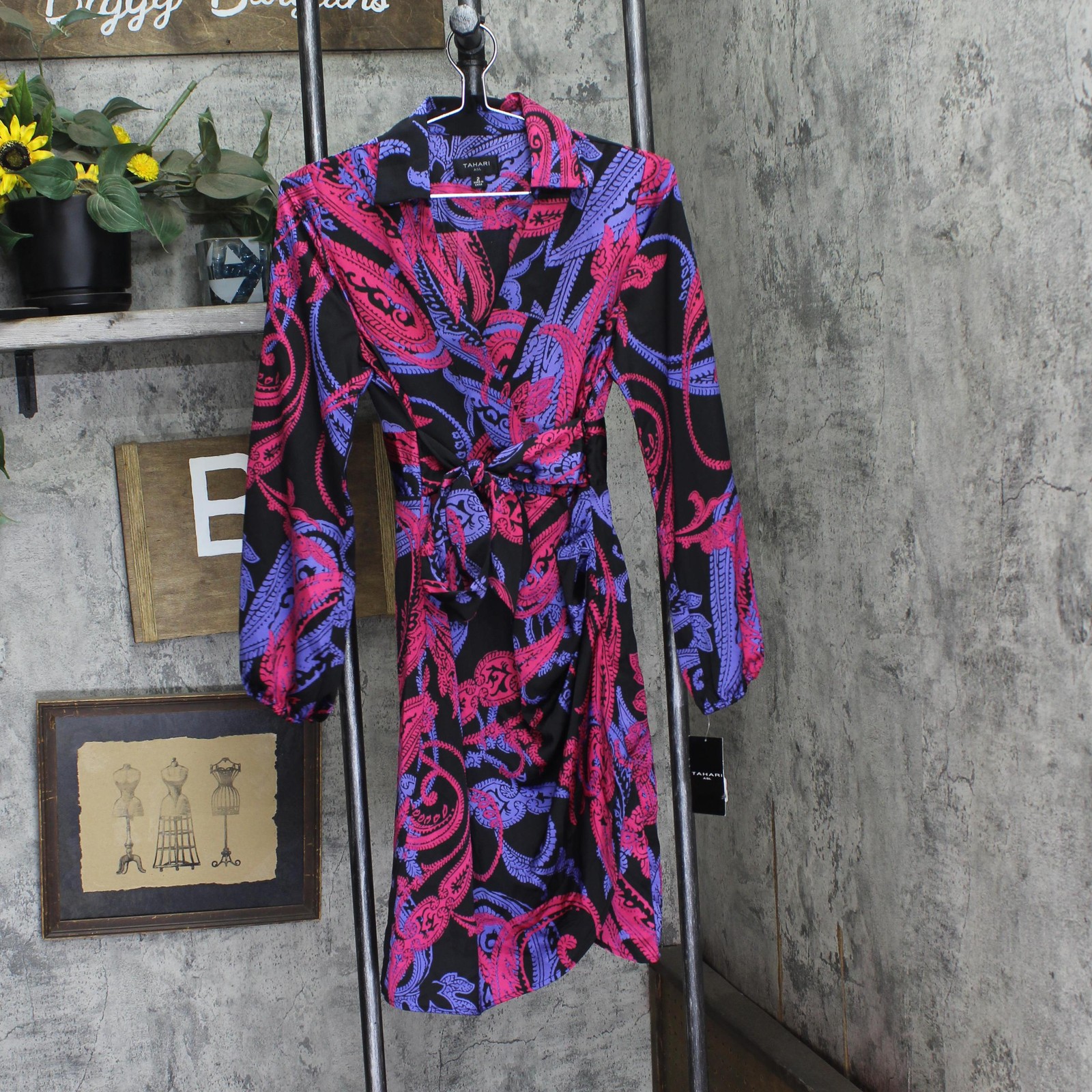 tahari ASL Womens Printed Faux-Wrap Dress DEM643-T4 Black Cobalt 2