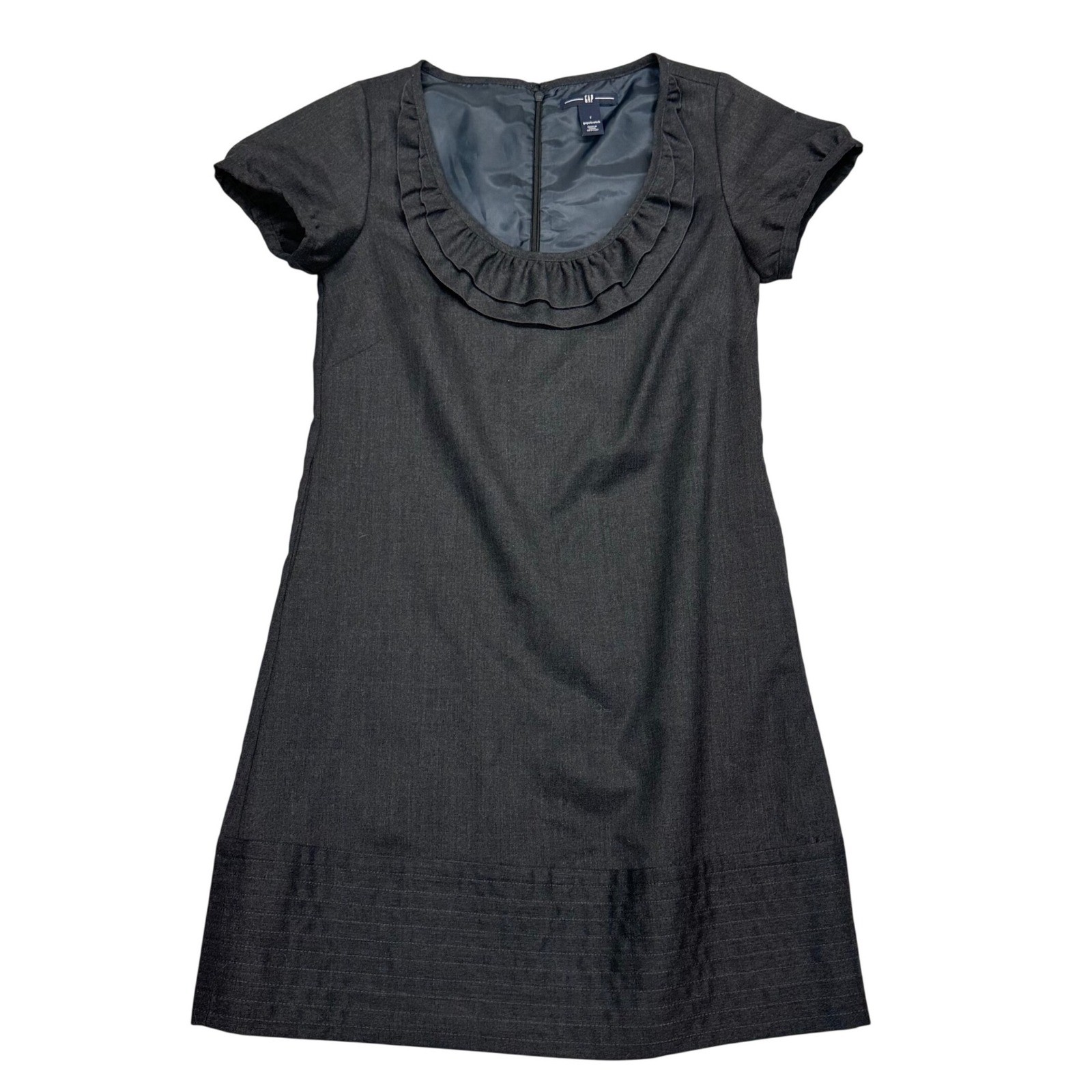 Gap Womens 2 Gray Stretch Ruffle Neck Shift Dress Short Sleeve Workwear Pockets