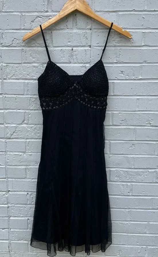READ! Vintage Whimsigoth Jet Black Crochet & Beaded Bust Soft Goth Mini Dress