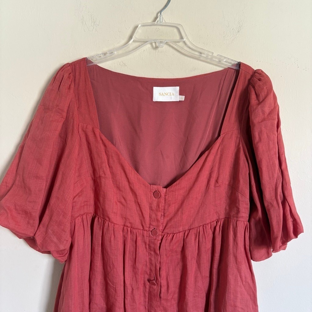 Sancia The Amalia Dress In Watermelon Large Puff Sleeve Button Front $249