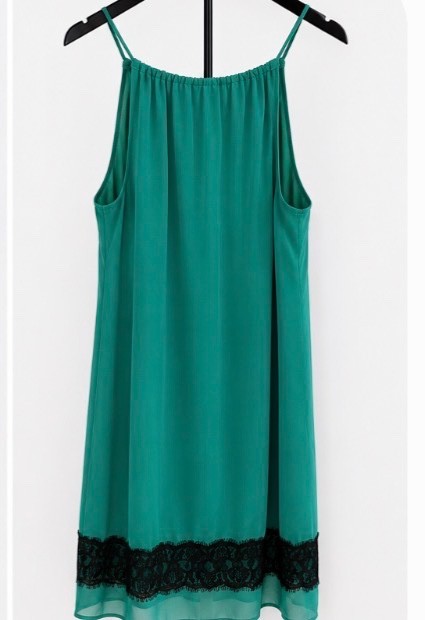 Enfocus Studio Mint Green Chiffon Shift Dress with Black Lace Hem – Size 8