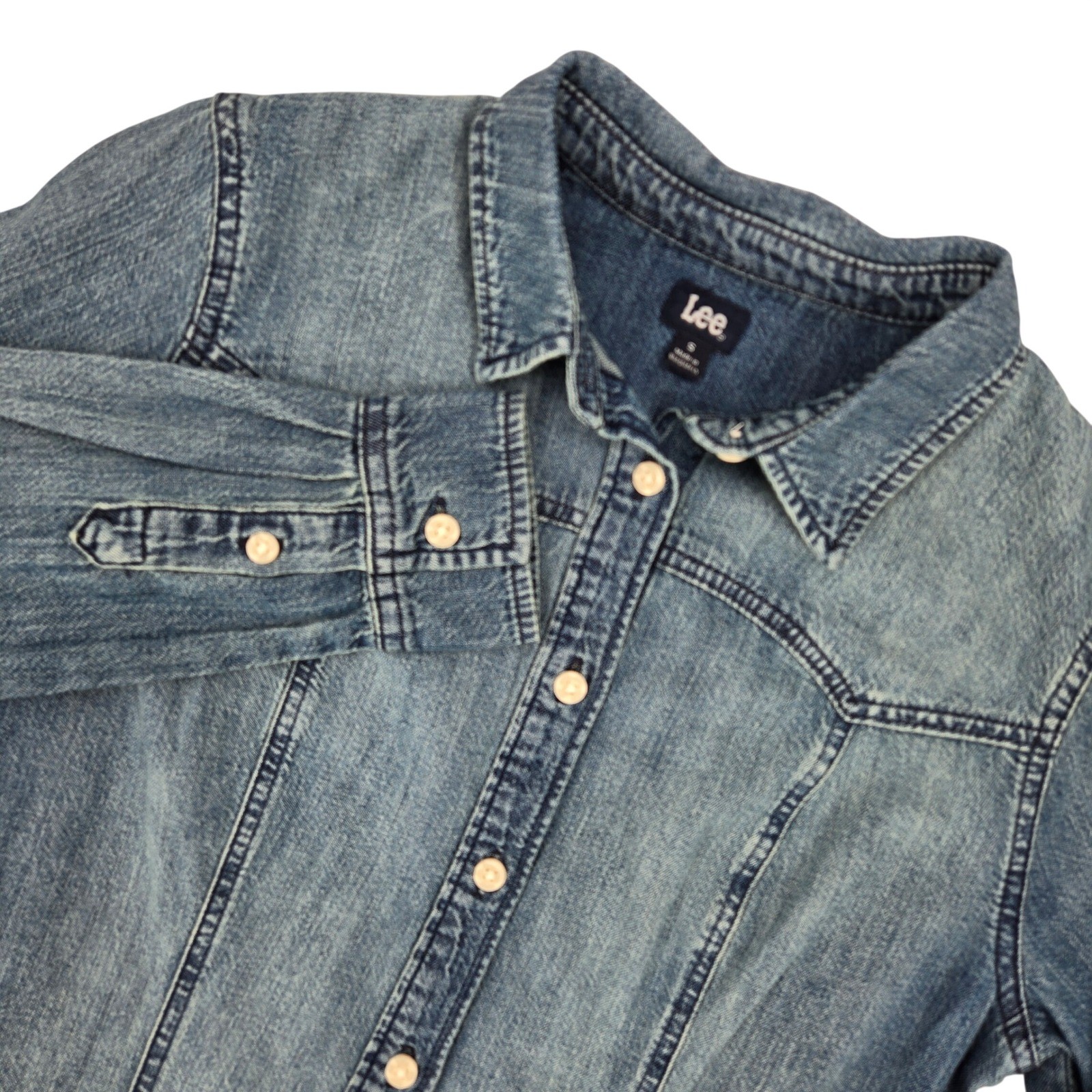 Lee SMALL Denim Button Down Womens Westerncore Cowgirl Medium Wash Shirt Dress