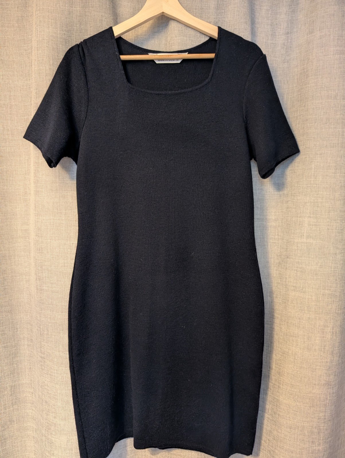 St Michael Vintage M&S Navy Stretch Knitted Dress 100% Wool Classic Formal C65