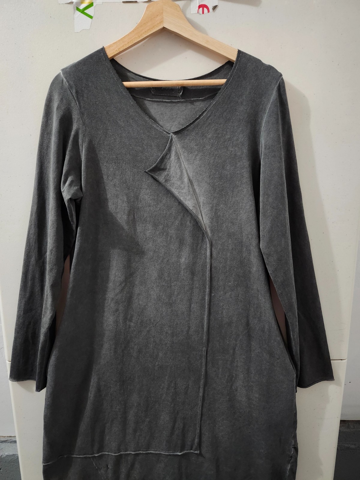 Luukaa Dress Womens 8 Black Gray Long Sleeve Asymmetric Jersey Stretch Lagenlook