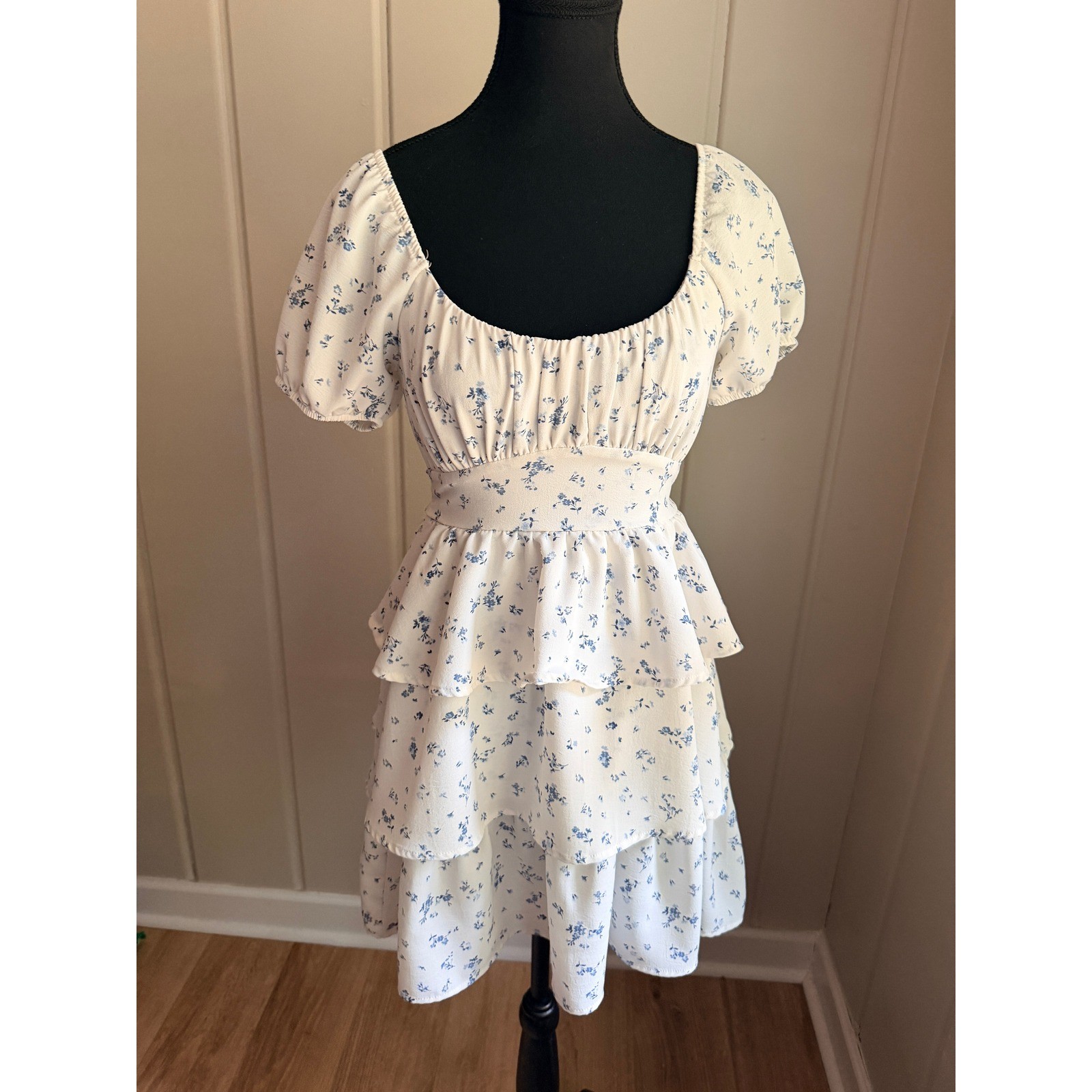 Originality Blue Floral Tiered Ruffle Mini Dress Cottagecore Puff Sleeve XS