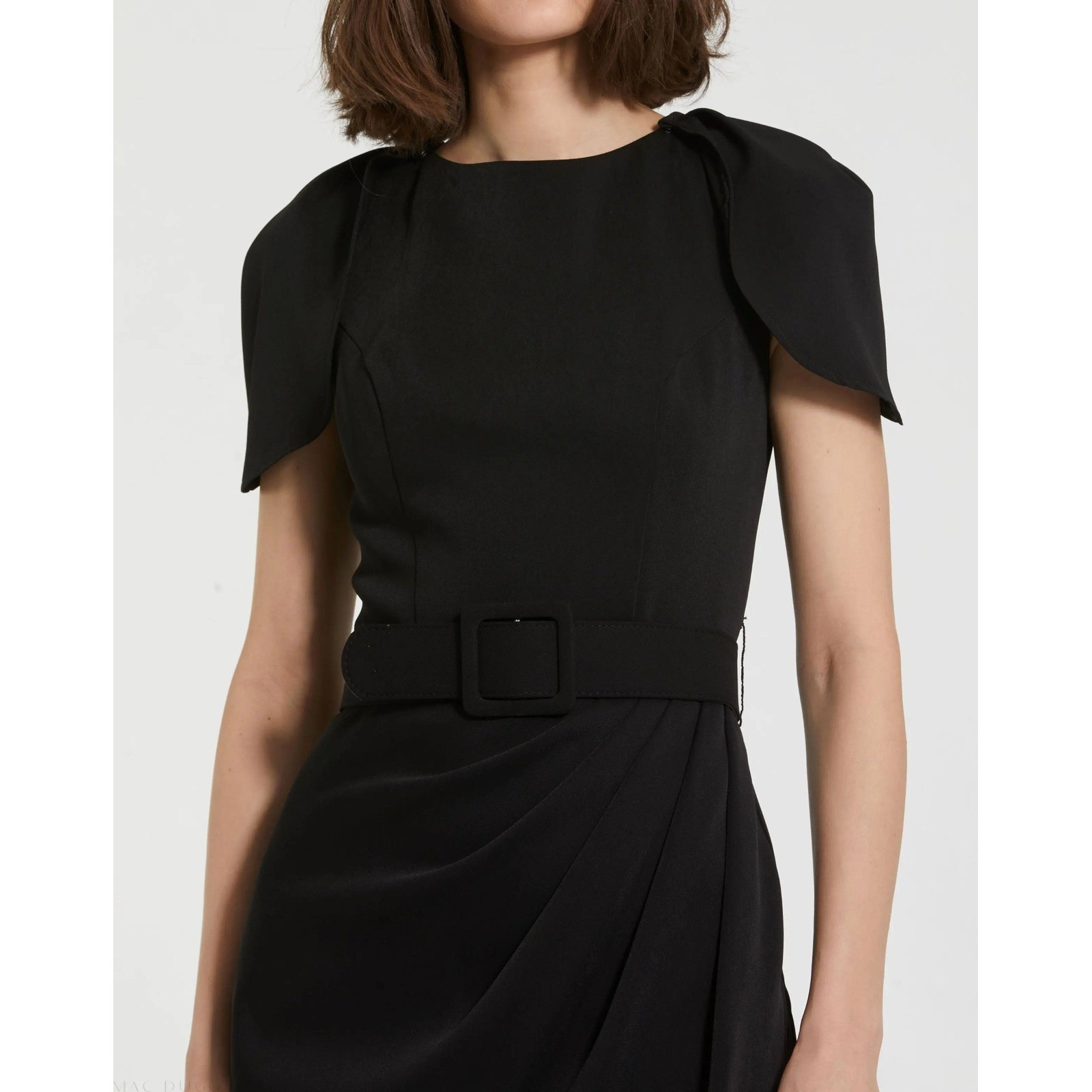 Mac Duggal Black Cap Sleeve Midi Dress Evening Formal Size 10 *BELT NOT INCLUDED