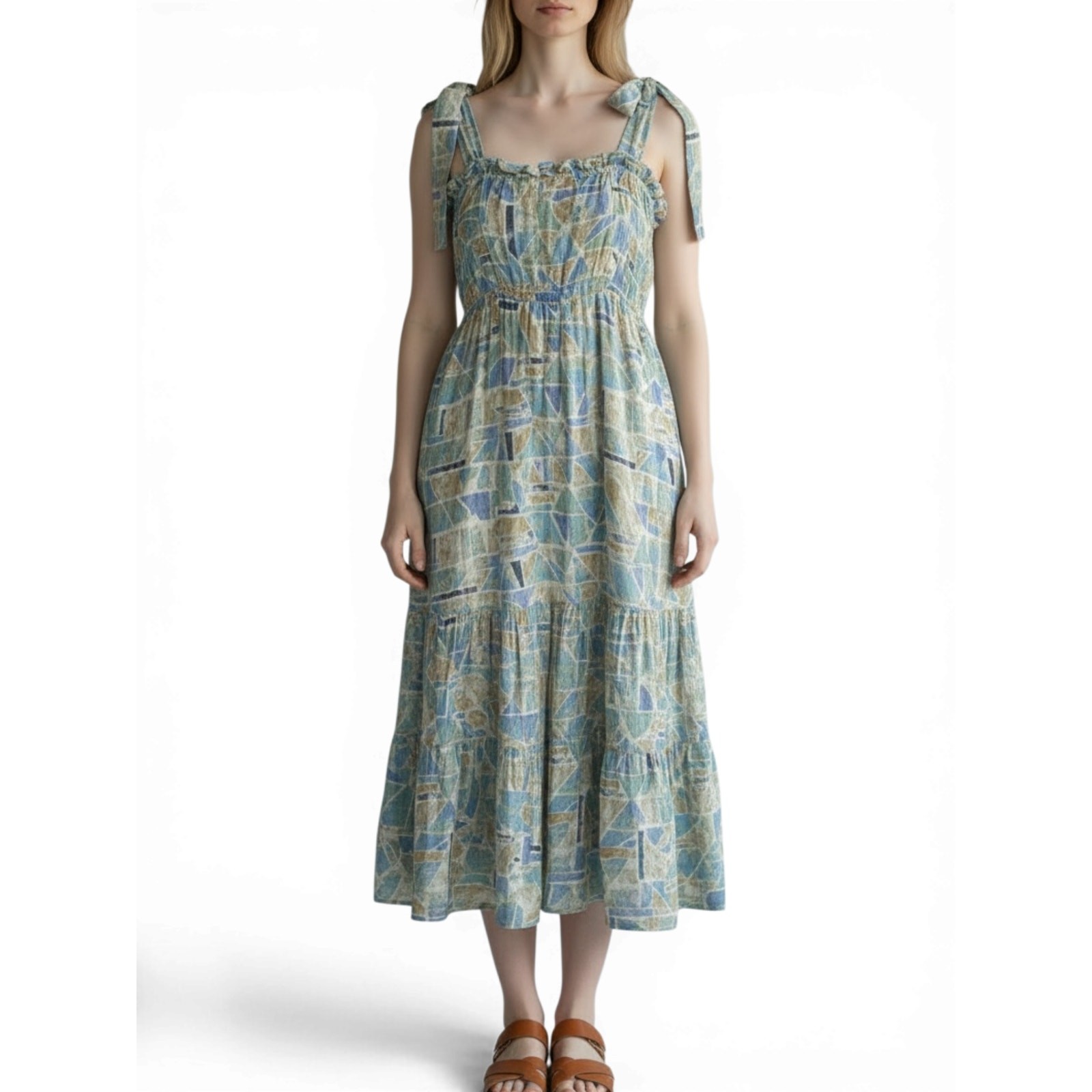 Blu Pepper Midi Dress L Blue Smocked Tiered Tie Strap Sundress Boho