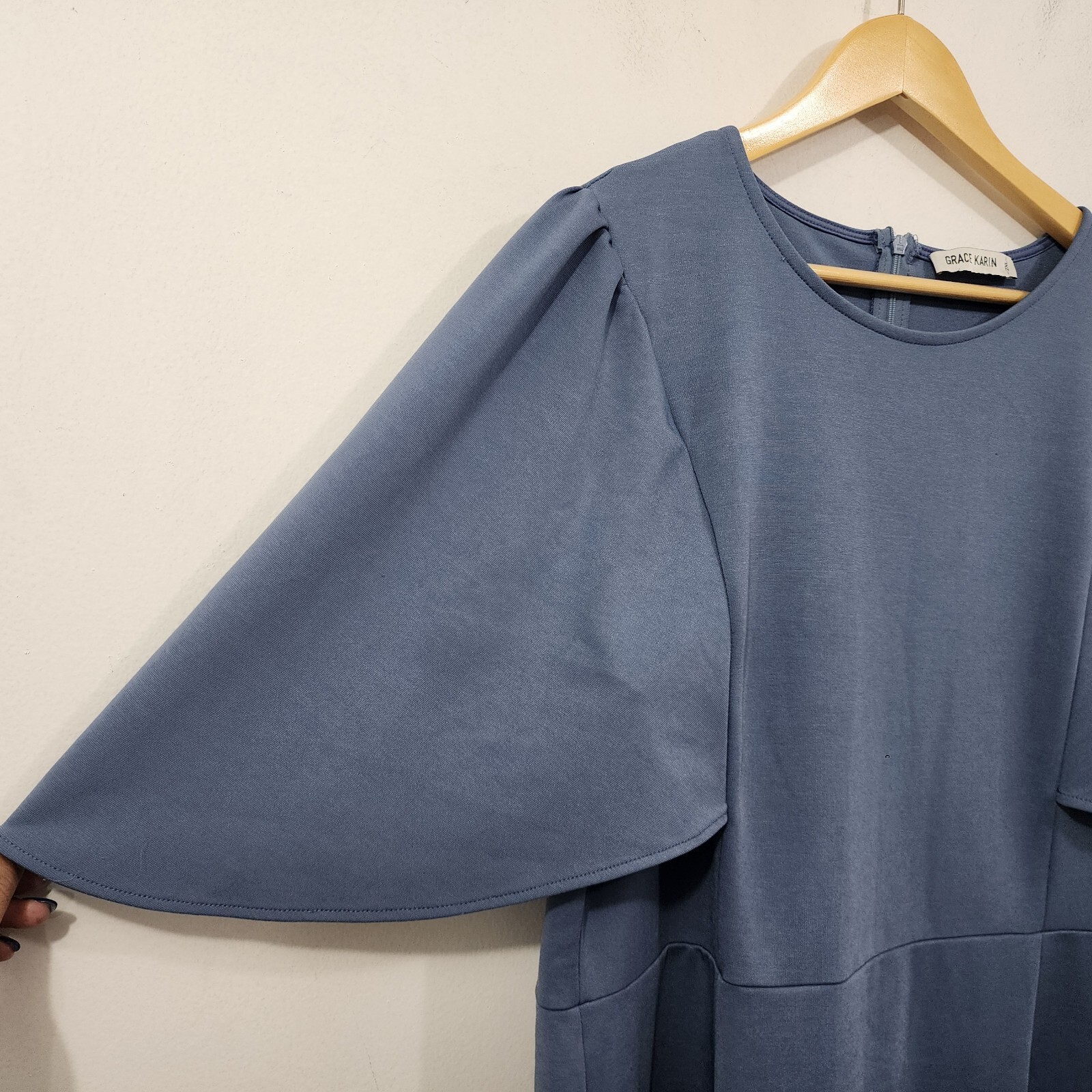 GRACE KARIN 3/4 Ruffle Sleeve Work Party Pencil Dress Blue Gray Plus Size 2XL