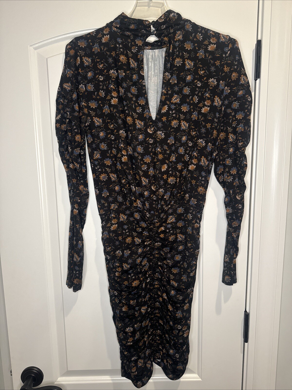 Evereve Lorelei Ruched Smocked Knit FLORAL Dress Keyhole Back Bodycon Stretch S