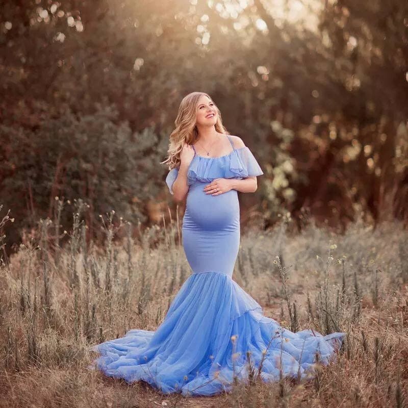 Maternity Dress Ruffles Gown Photo Prop Baby Shower Off Shoulder Blue Size XL